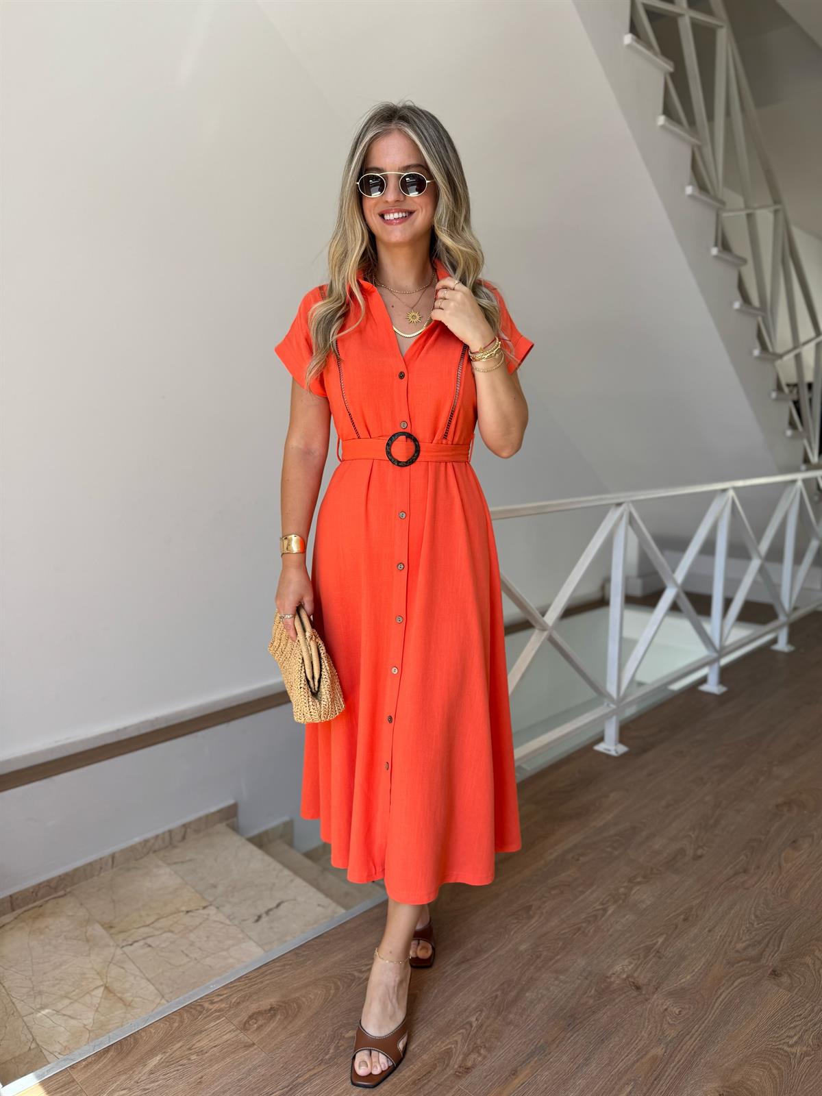 %100 Keten Kemerli Midi Elbise - Nar Çiçeği