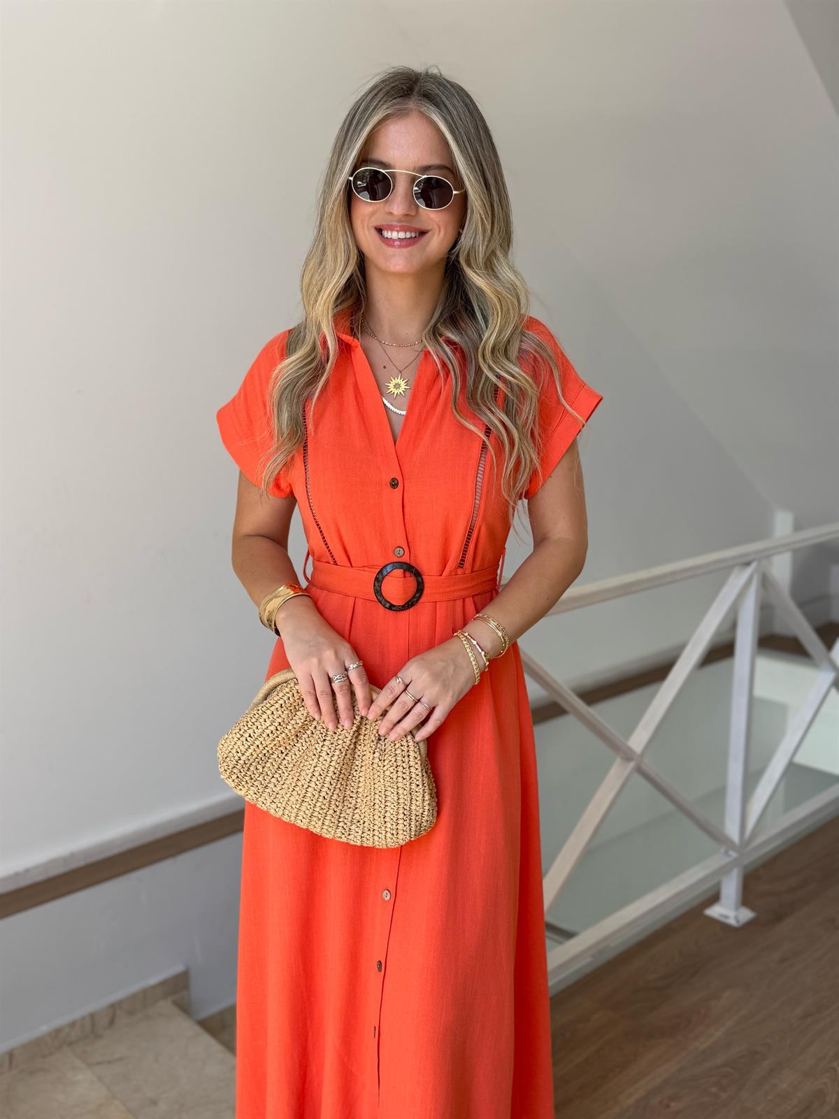 %100 Keten Kemerli Midi Elbise - Nar Çiçeği