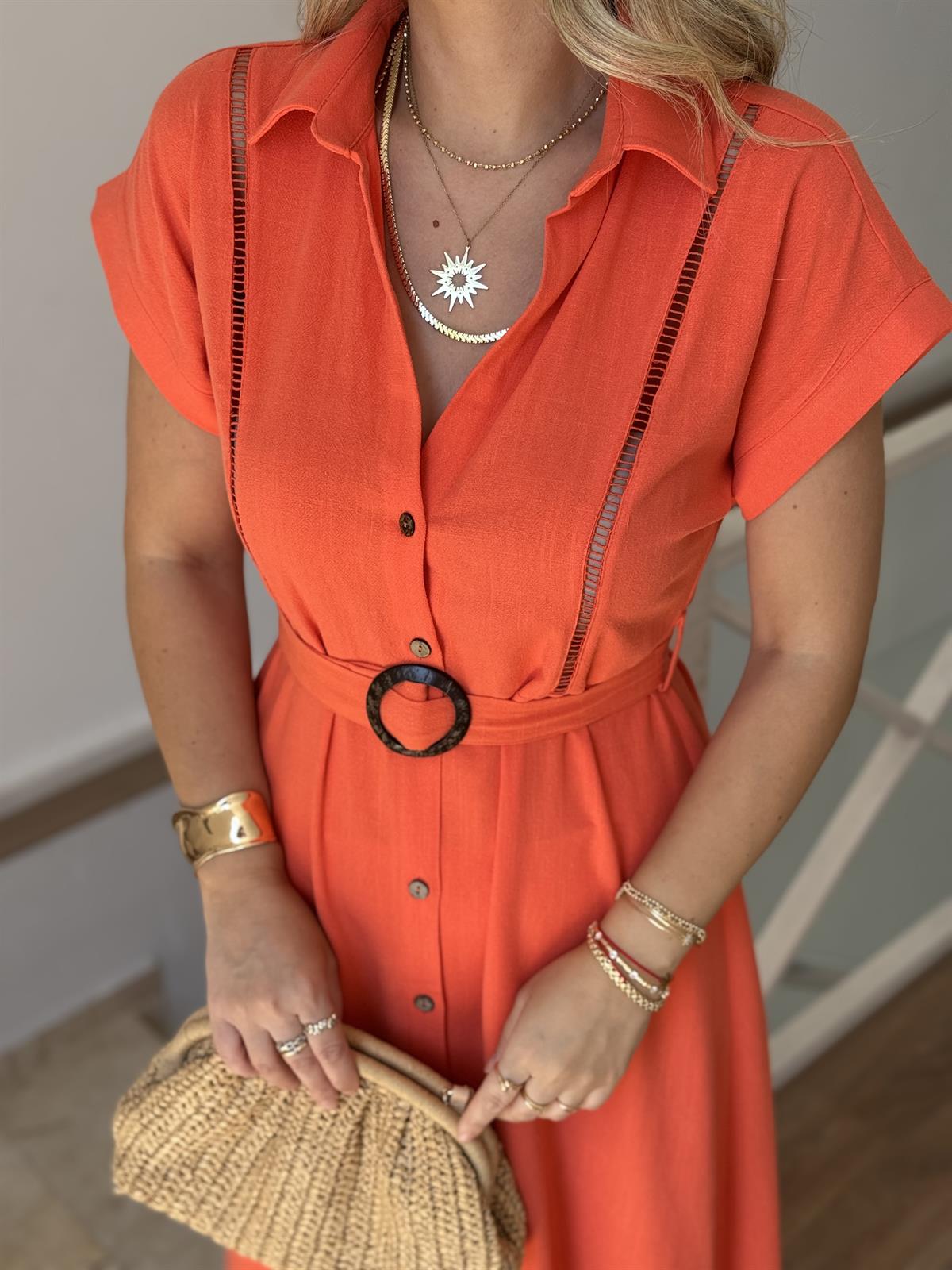 %100 Keten Kemerli Midi Elbise - Nar Çiçeği