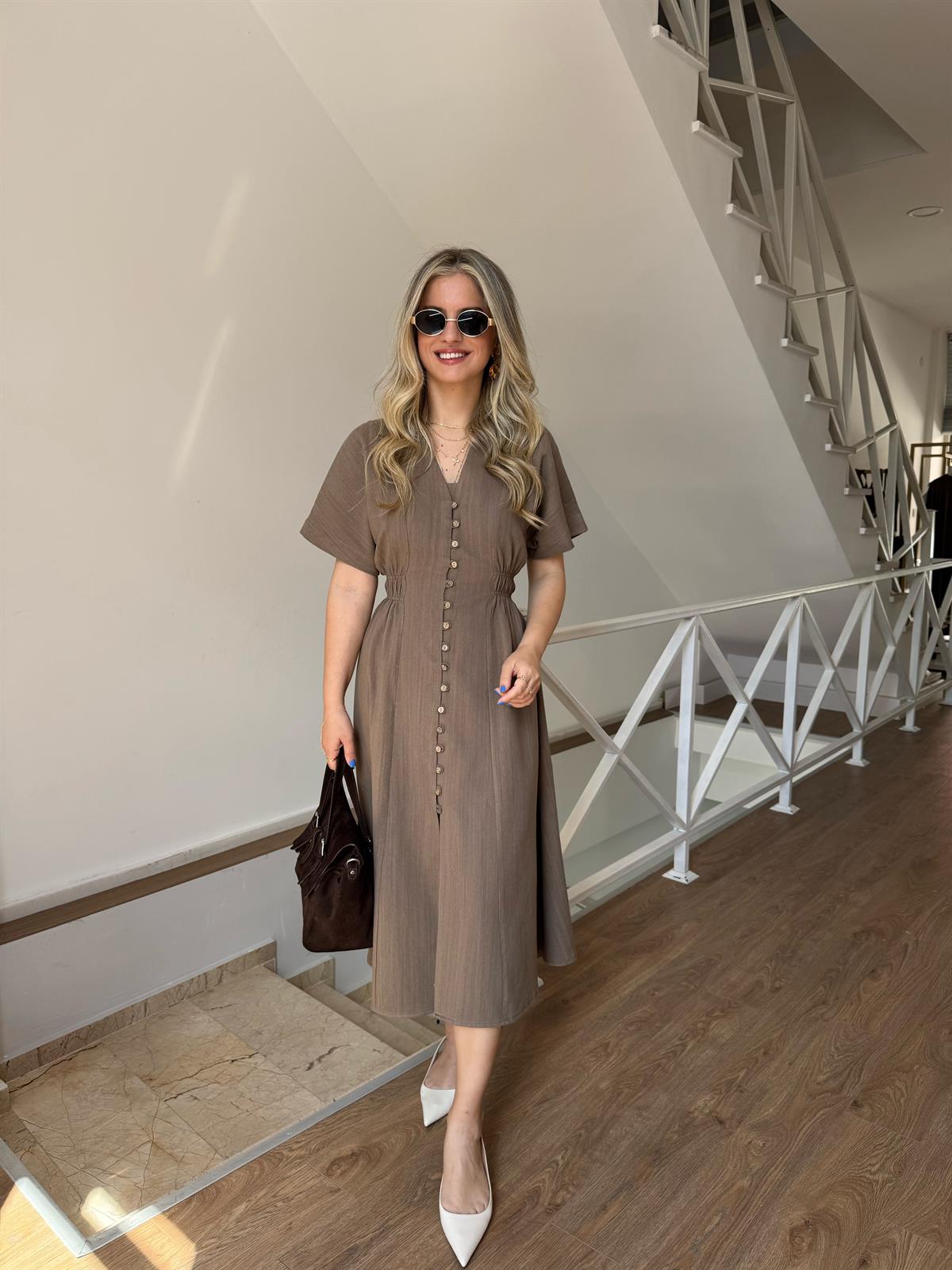 %100 Keten Önü Düğmeli Midi Elbise - Kahverengi