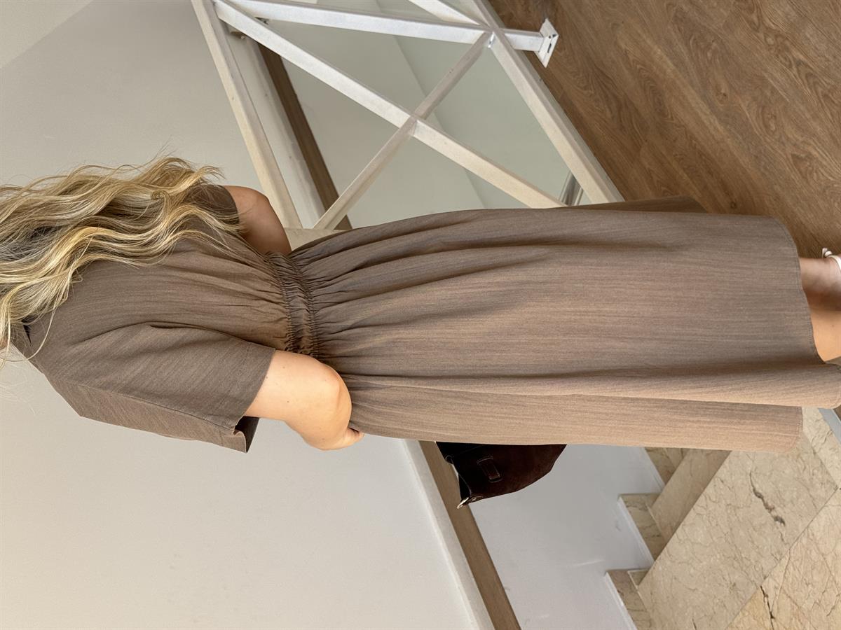 %100 Keten Önü Düğmeli Midi Elbise - Kahverengi