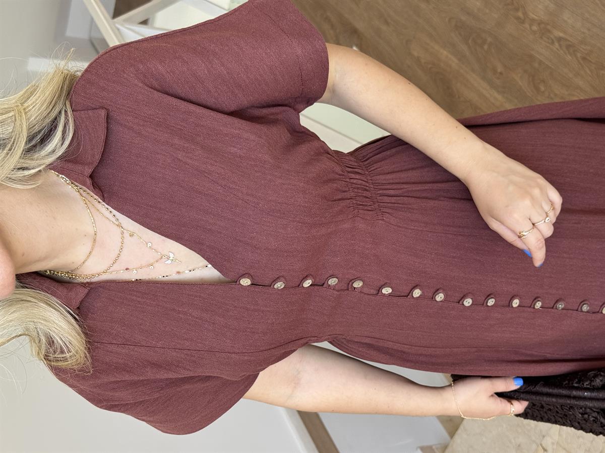 %100 Keten Önü Düğmeli Midi Elbise - Kiremit