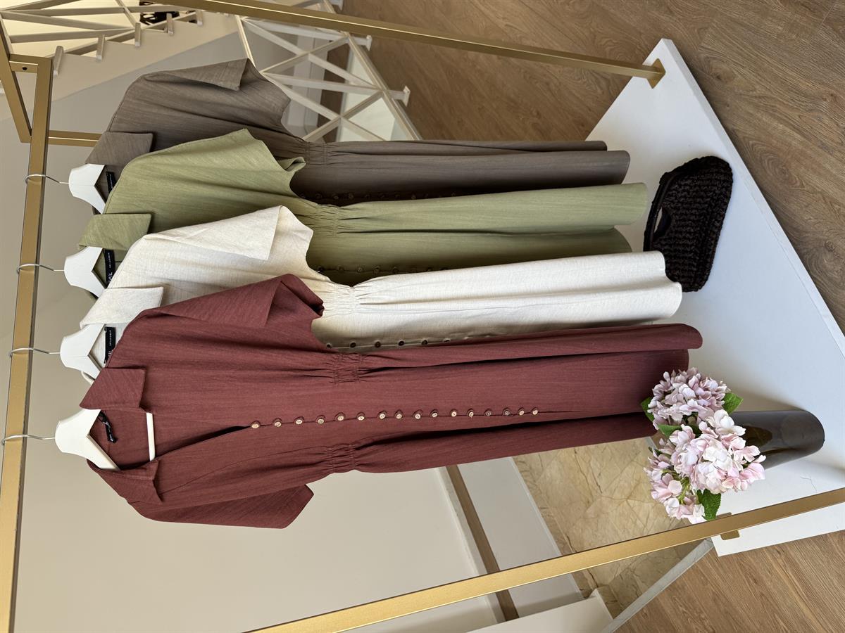 %100 Keten Önü Düğmeli Midi Elbise - Kiremit