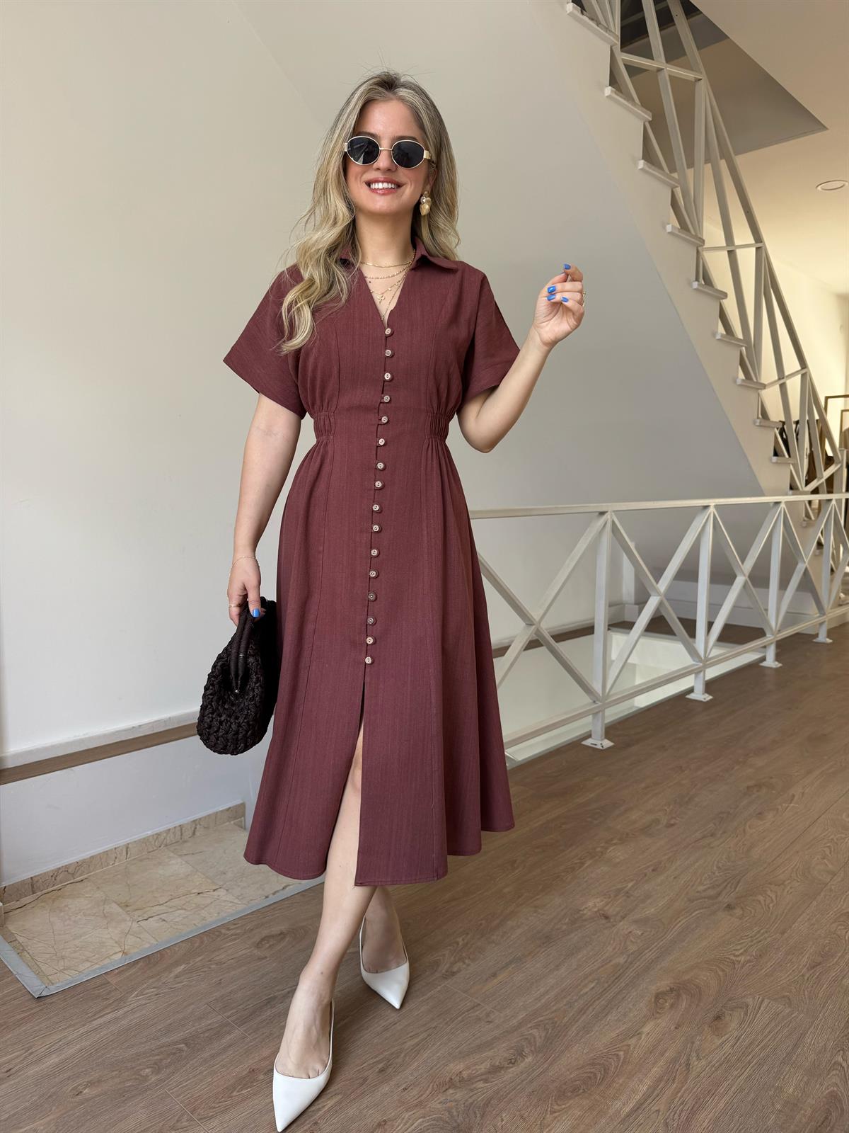 %100 Keten Önü Düğmeli Midi Elbise - Kiremit