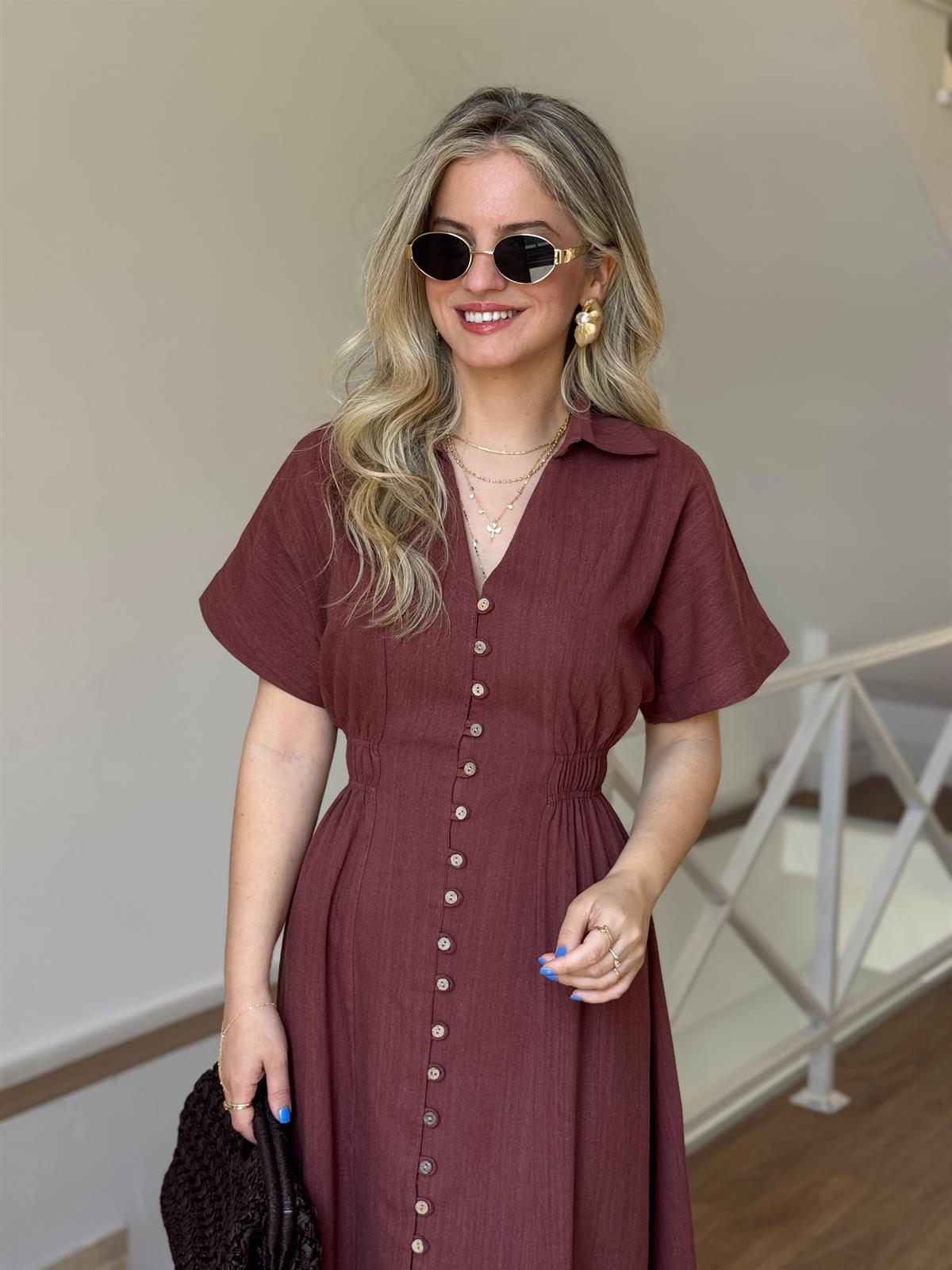 %100 Keten Önü Düğmeli Midi Elbise - Kiremit