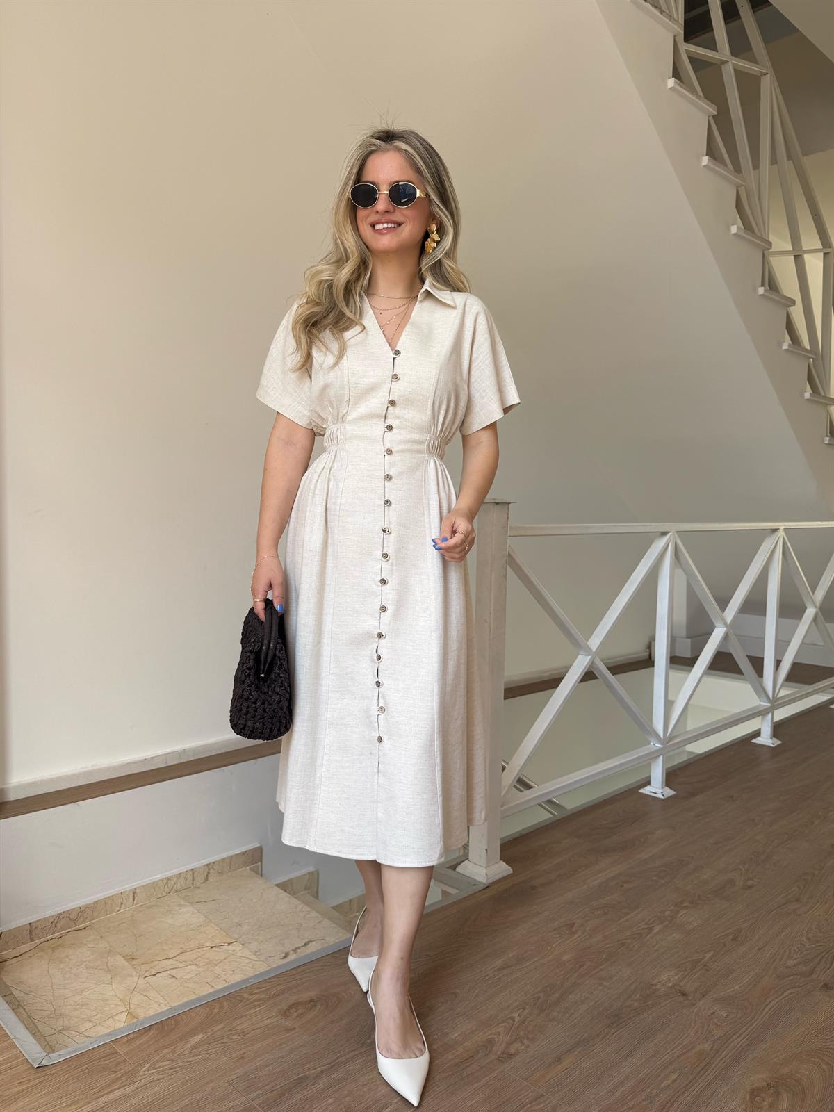 %100 Keten Önü Düğmeli Midi Elbise - Taş