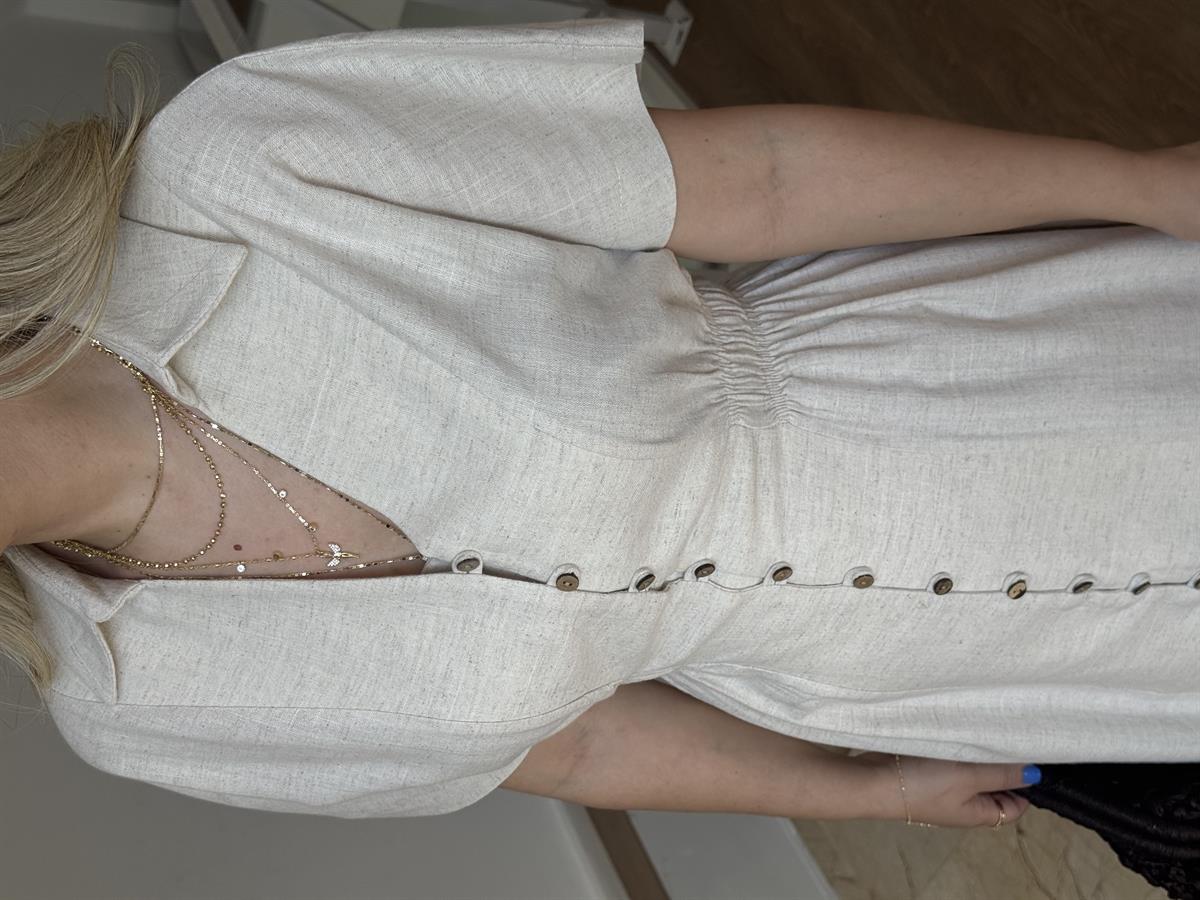 %100 Keten Önü Düğmeli Midi Elbise - Taş