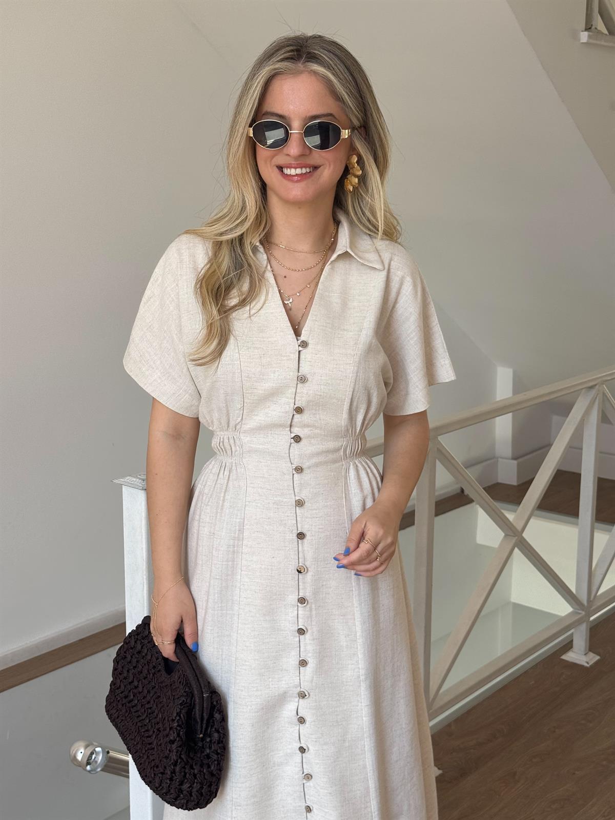 %100 Keten Önü Düğmeli Midi Elbise - Taş