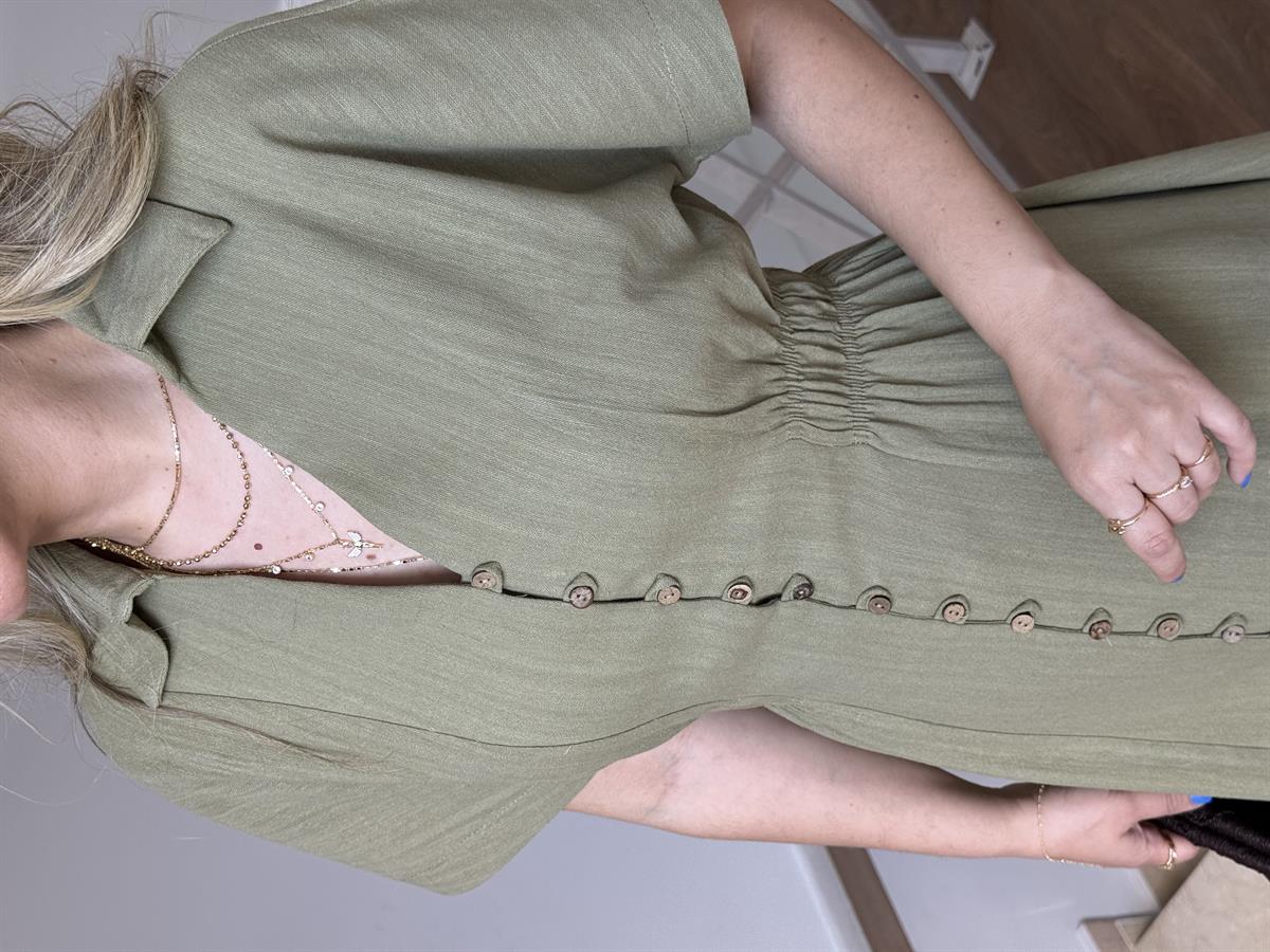 %100 Keten Önü Düğmeli Midi Elbise - Yeşil