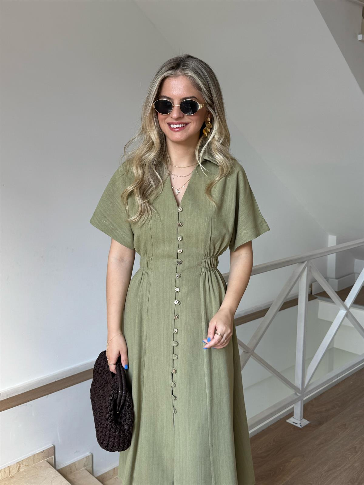 %100 Keten Önü Düğmeli Midi Elbise - Yeşil