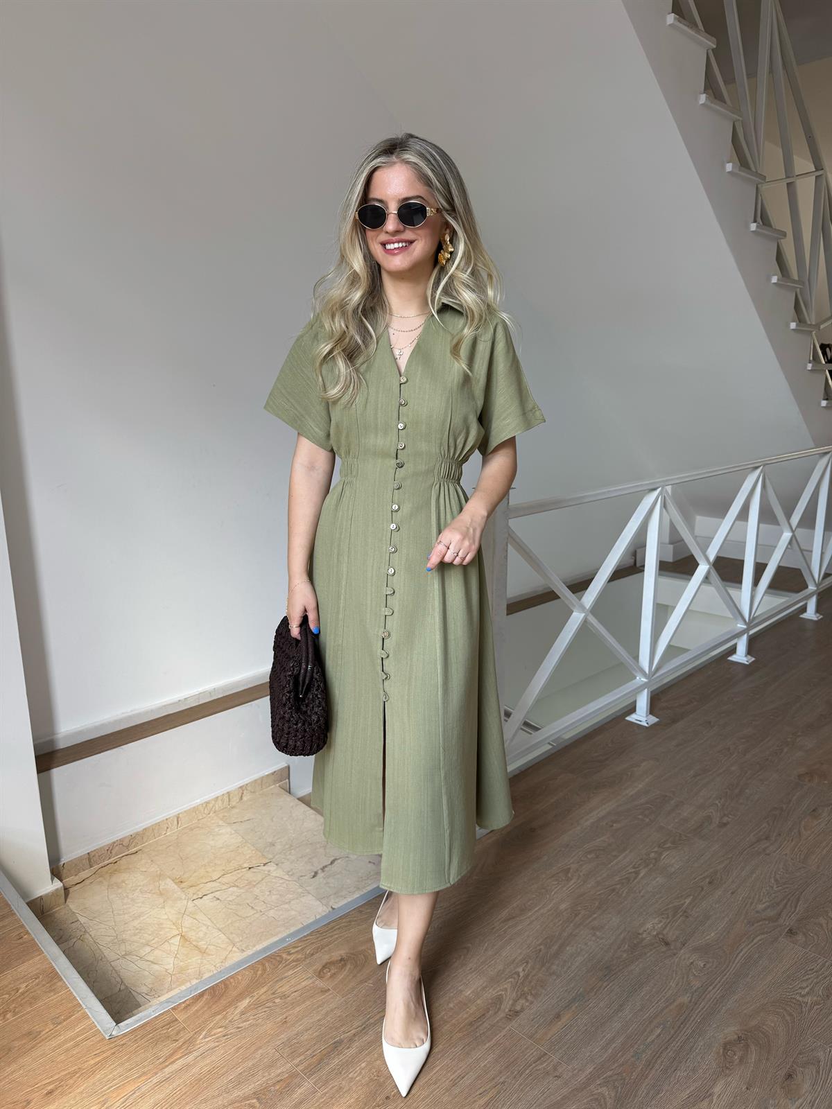 %100 Keten Önü Düğmeli Midi Elbise - Yeşil