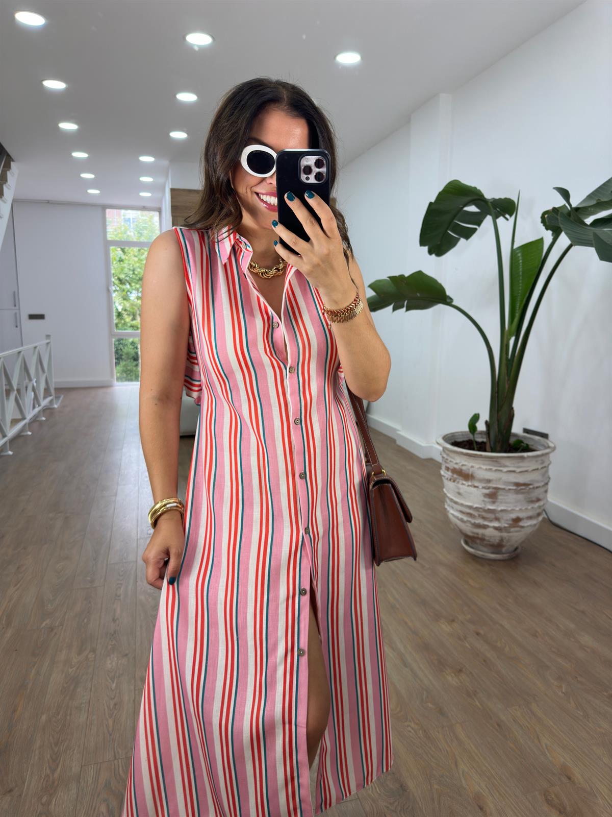 %100 Keten Renkli Çizgili Gömlek Elbise