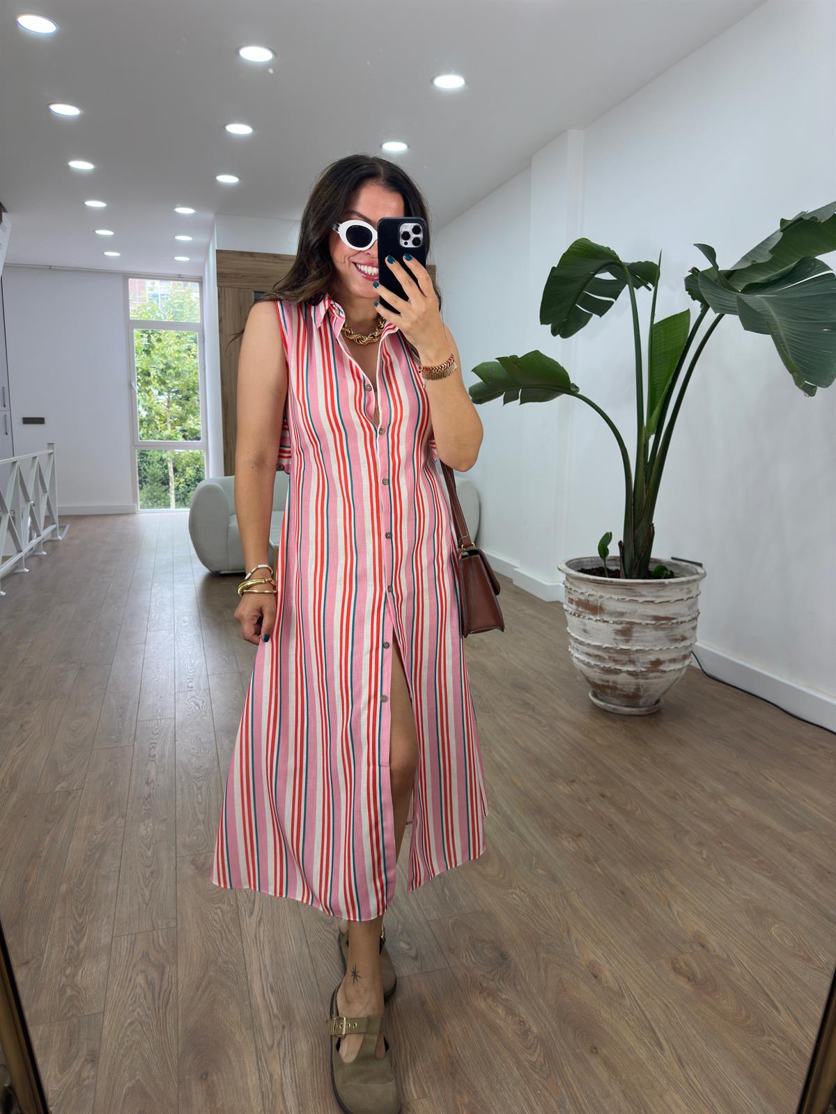 %100 Keten Renkli Çizgili Gömlek Elbise