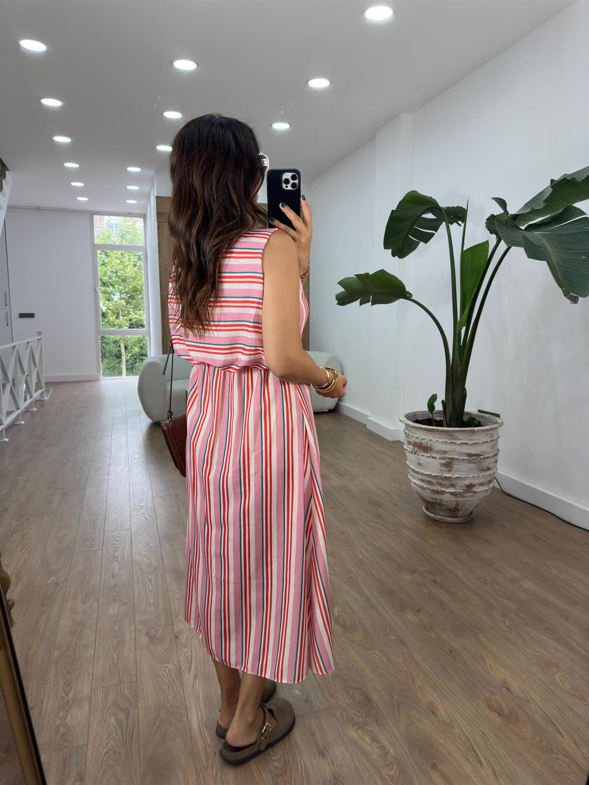 %100 Keten Renkli Çizgili Gömlek Elbise