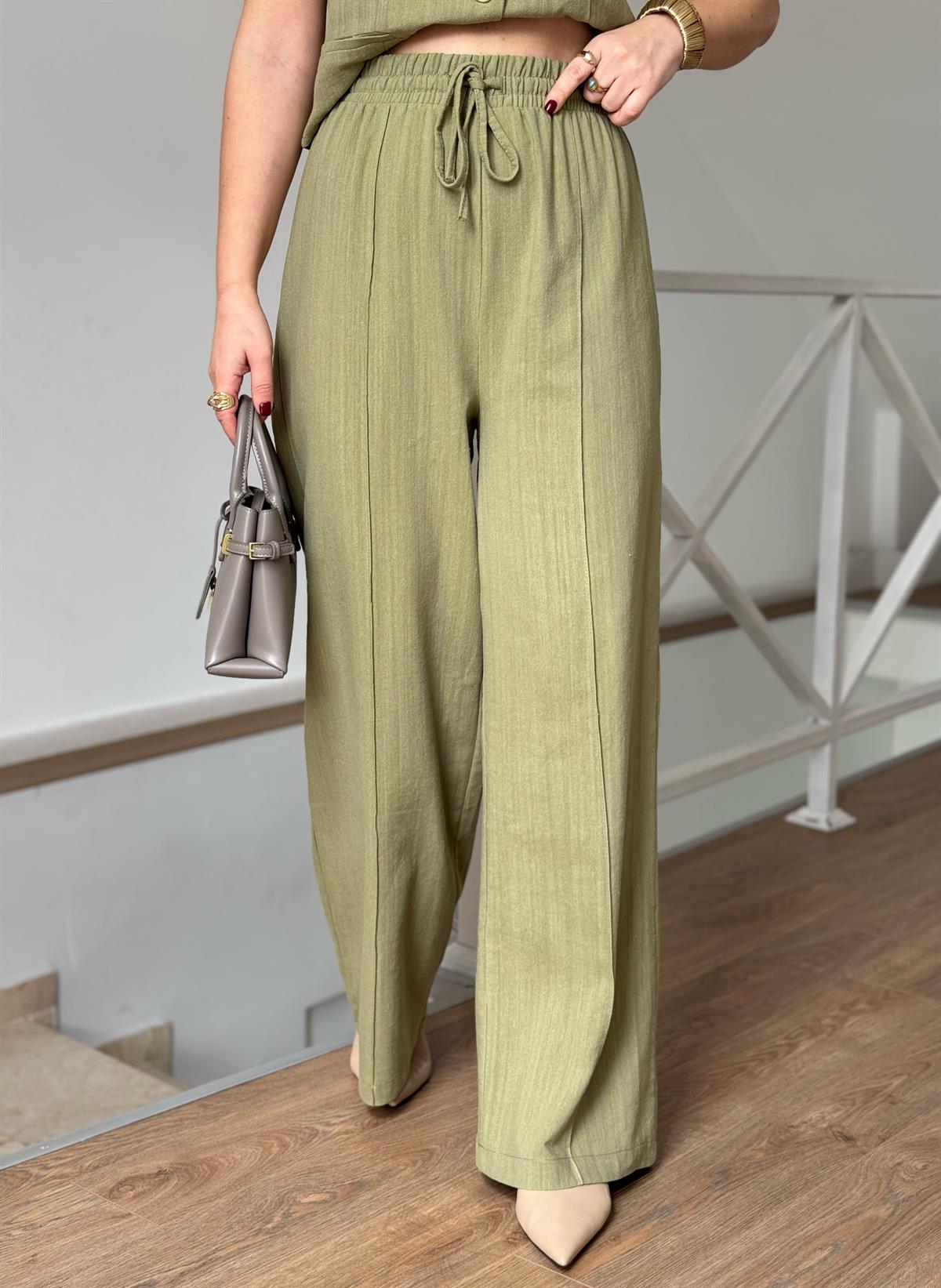 %100 Keten Yelekli Takım - Çağla