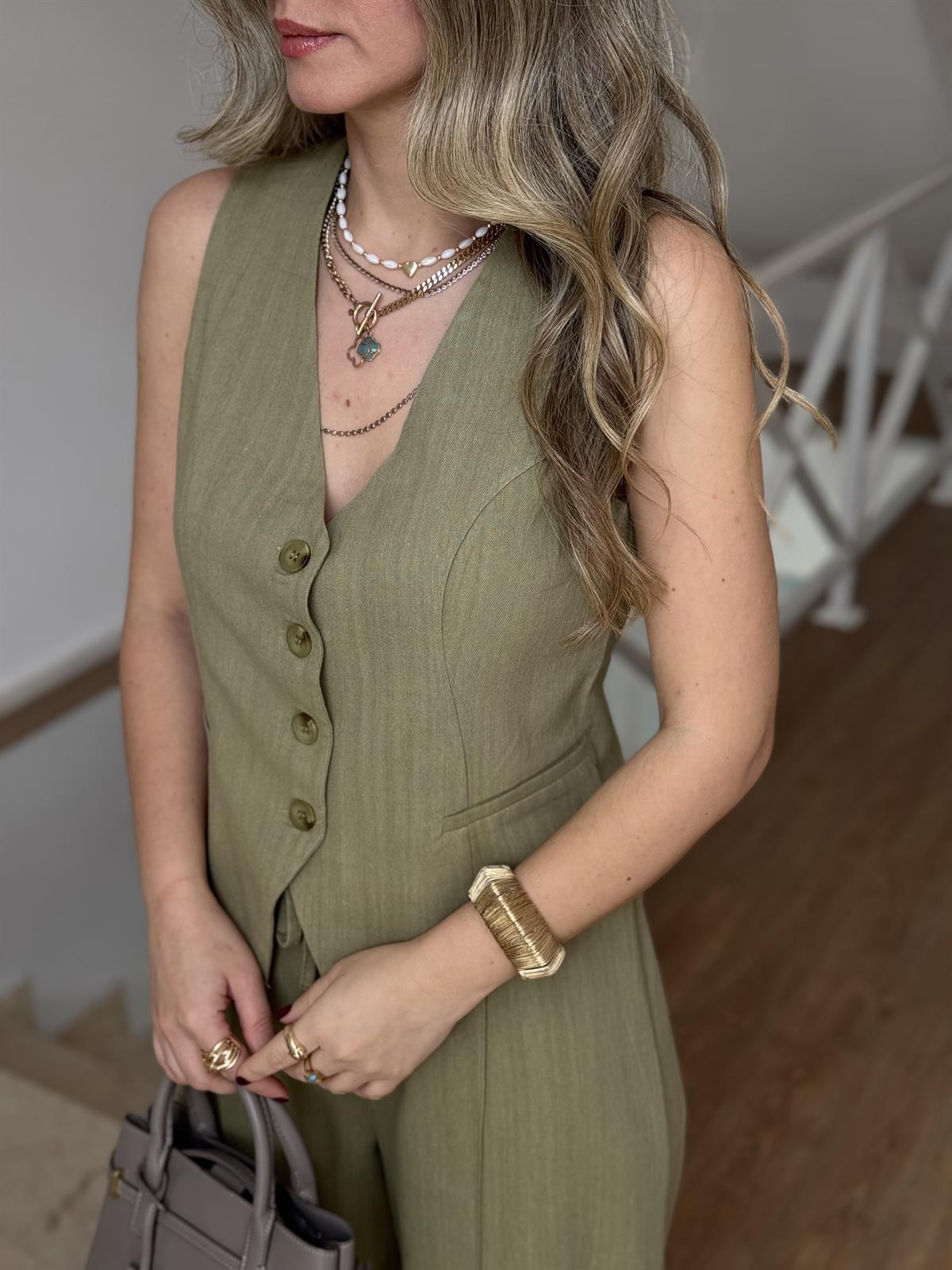 %100 Keten Yelekli Takım - Çağla