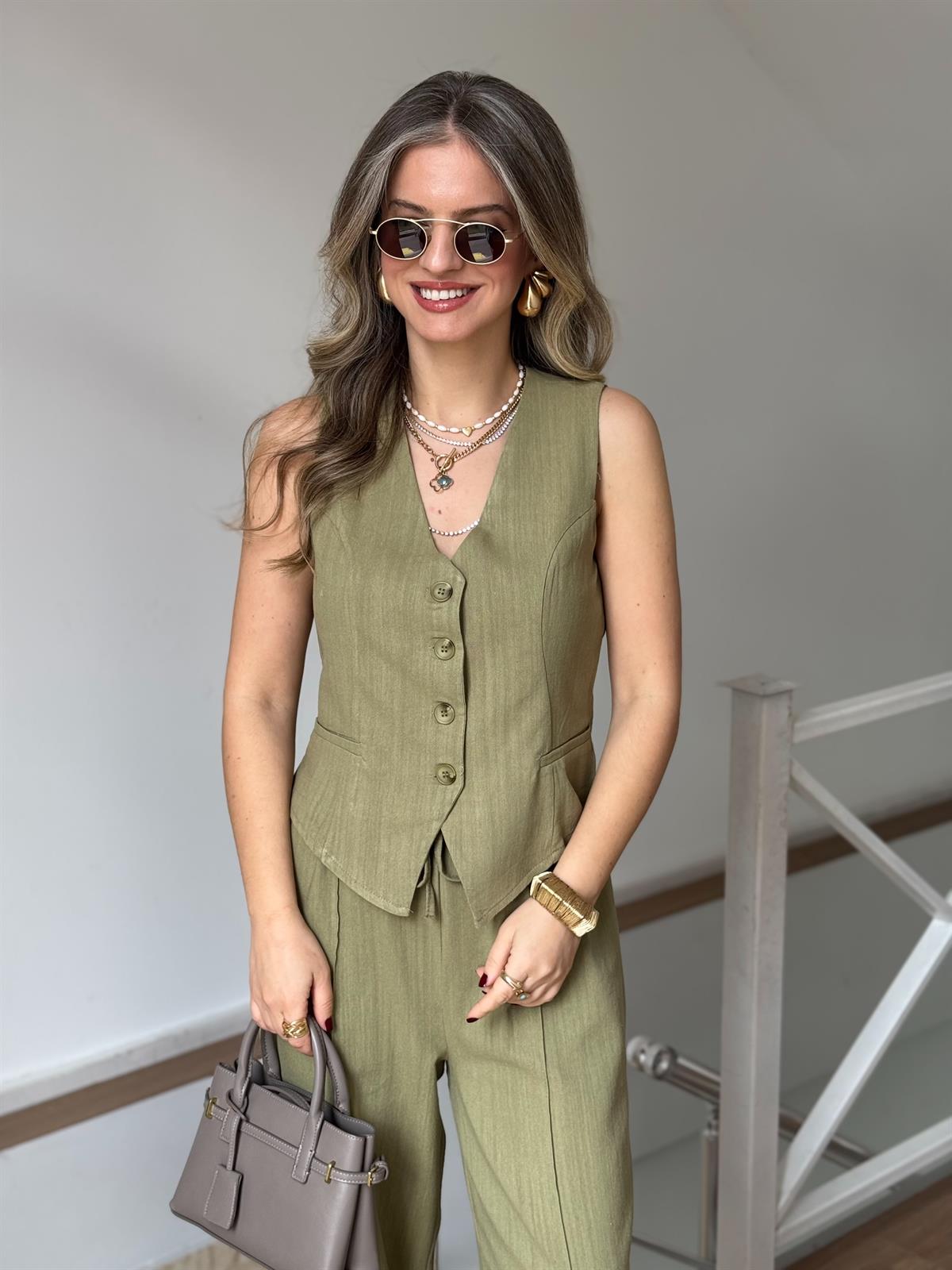 %100 Keten Yelekli Takım - Çağla