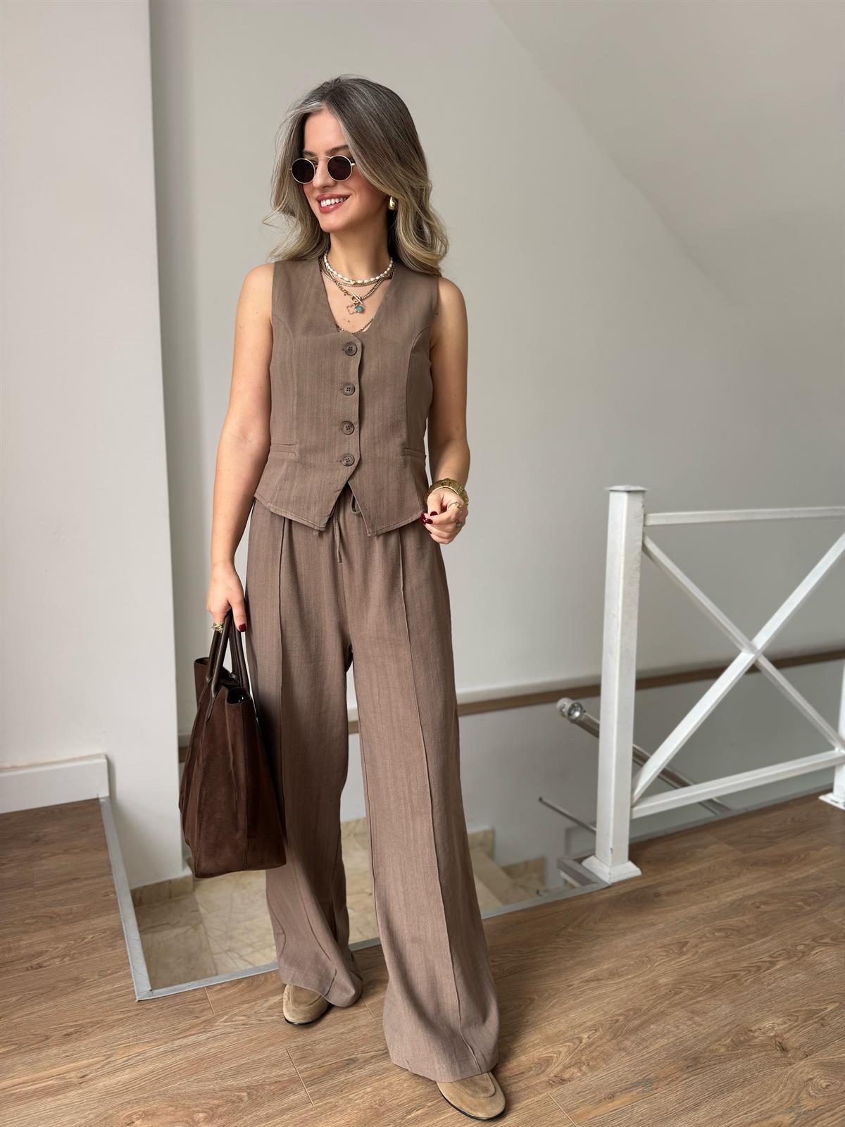 %100 Keten Yelekli Takım - Kahve