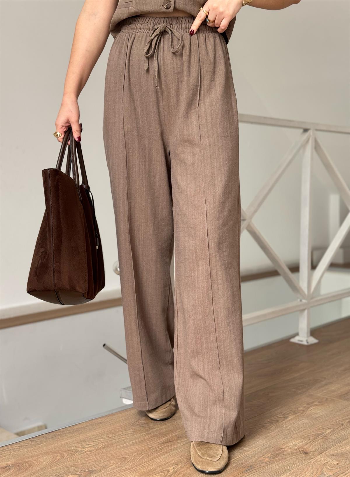 %100 Keten Yelekli Takım - Kahve