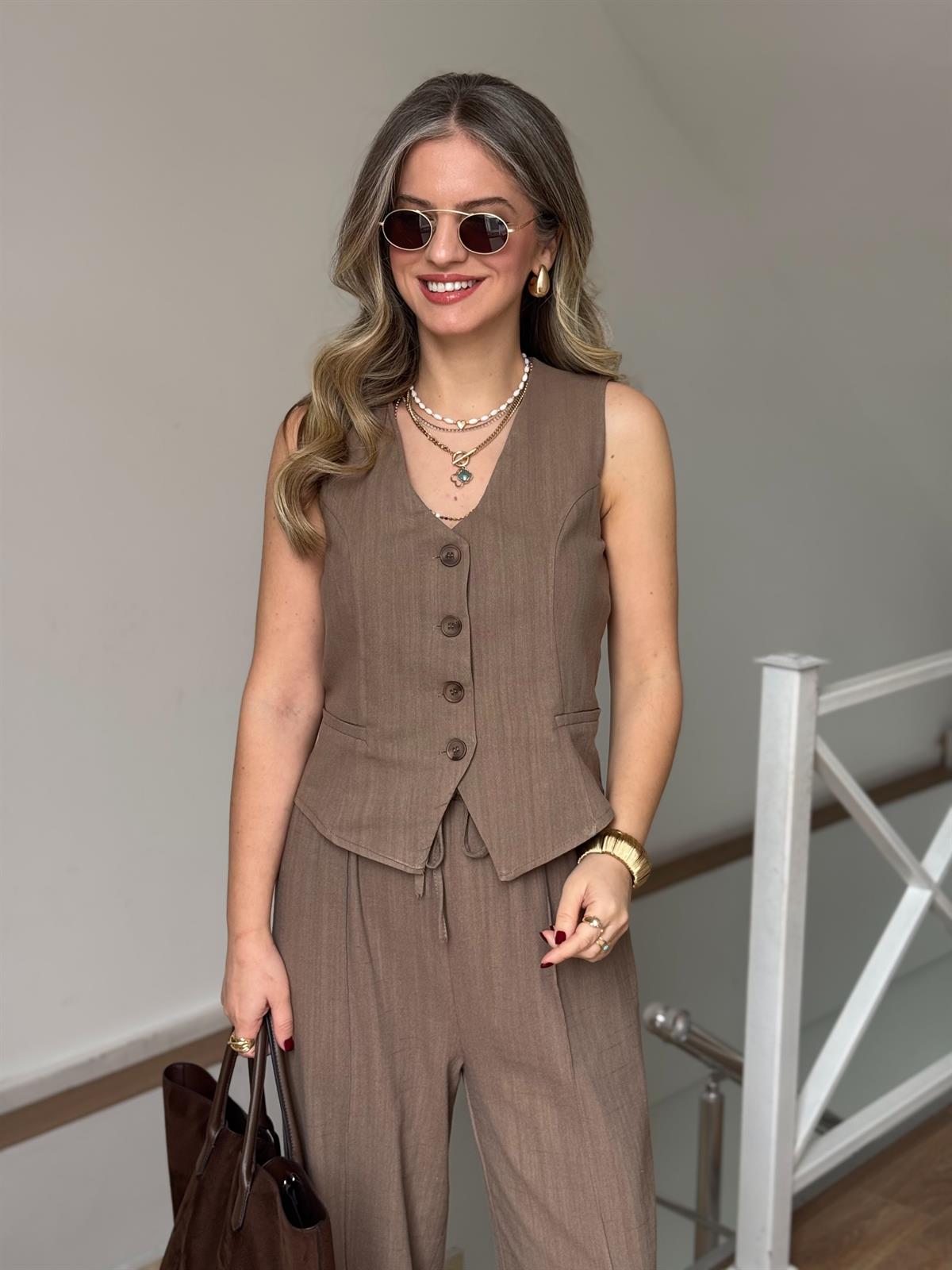 %100 Keten Yelekli Takım - Kahve