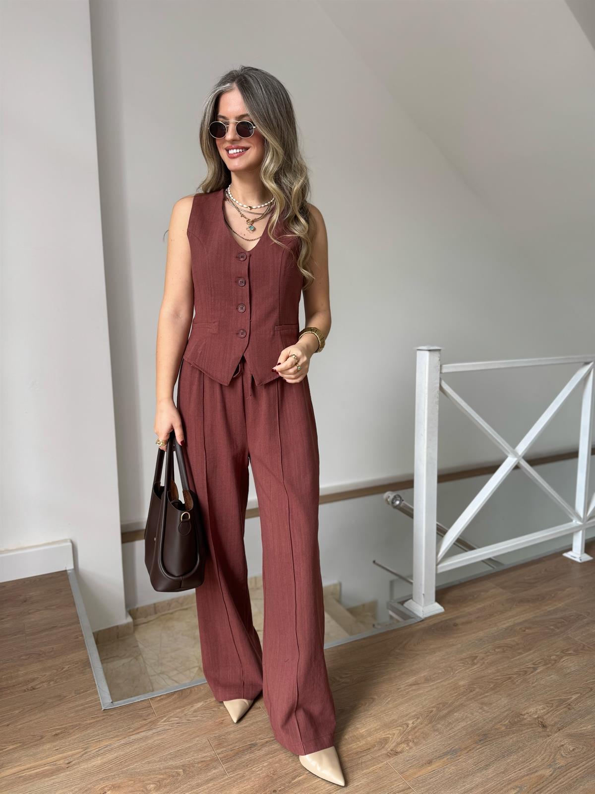 %100 Keten Yelekli Takım - Kiremit