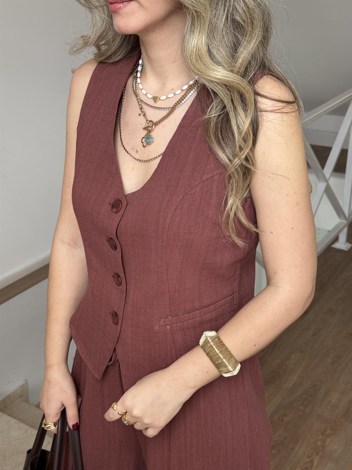 %100 Keten Yelekli Takım - Kiremit