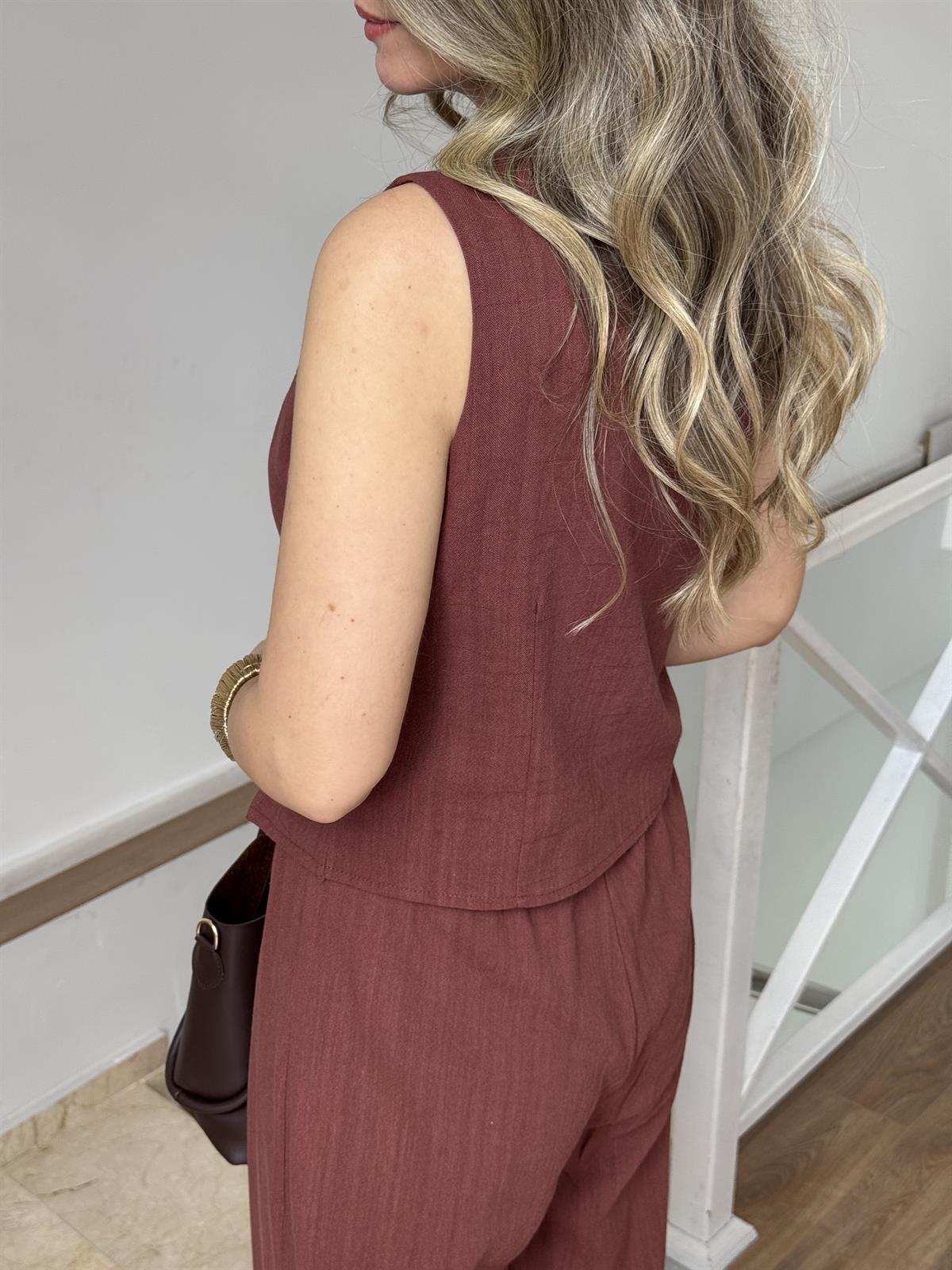 %100 Keten Yelekli Takım - Kiremit