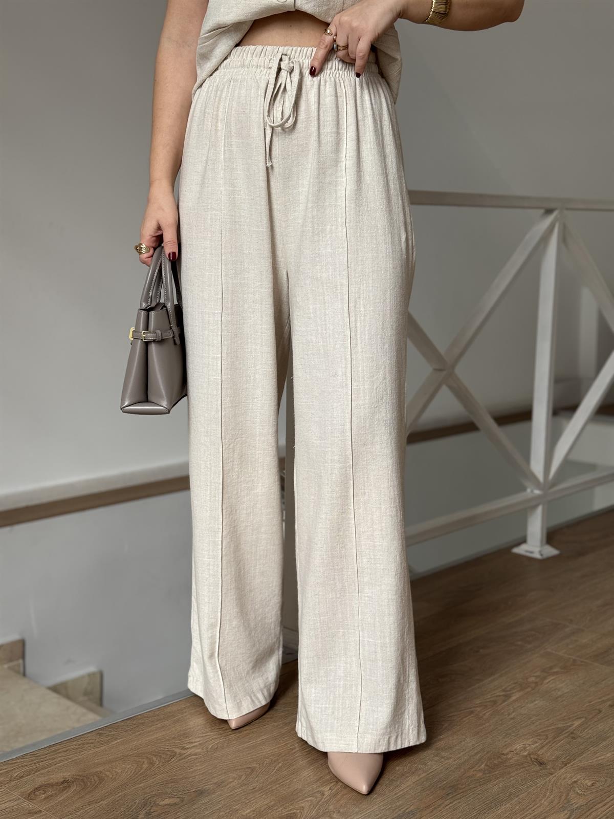 %100 Keten Yelekli Takım - Natürel