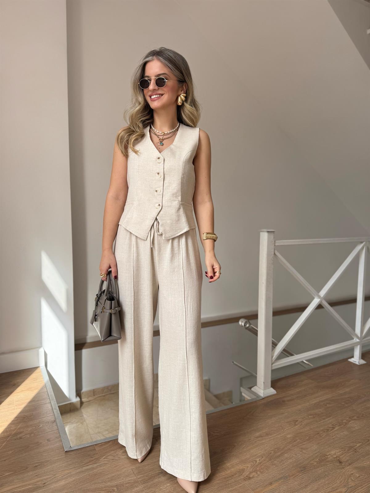 %100 Keten Yelekli Takım - Natürel