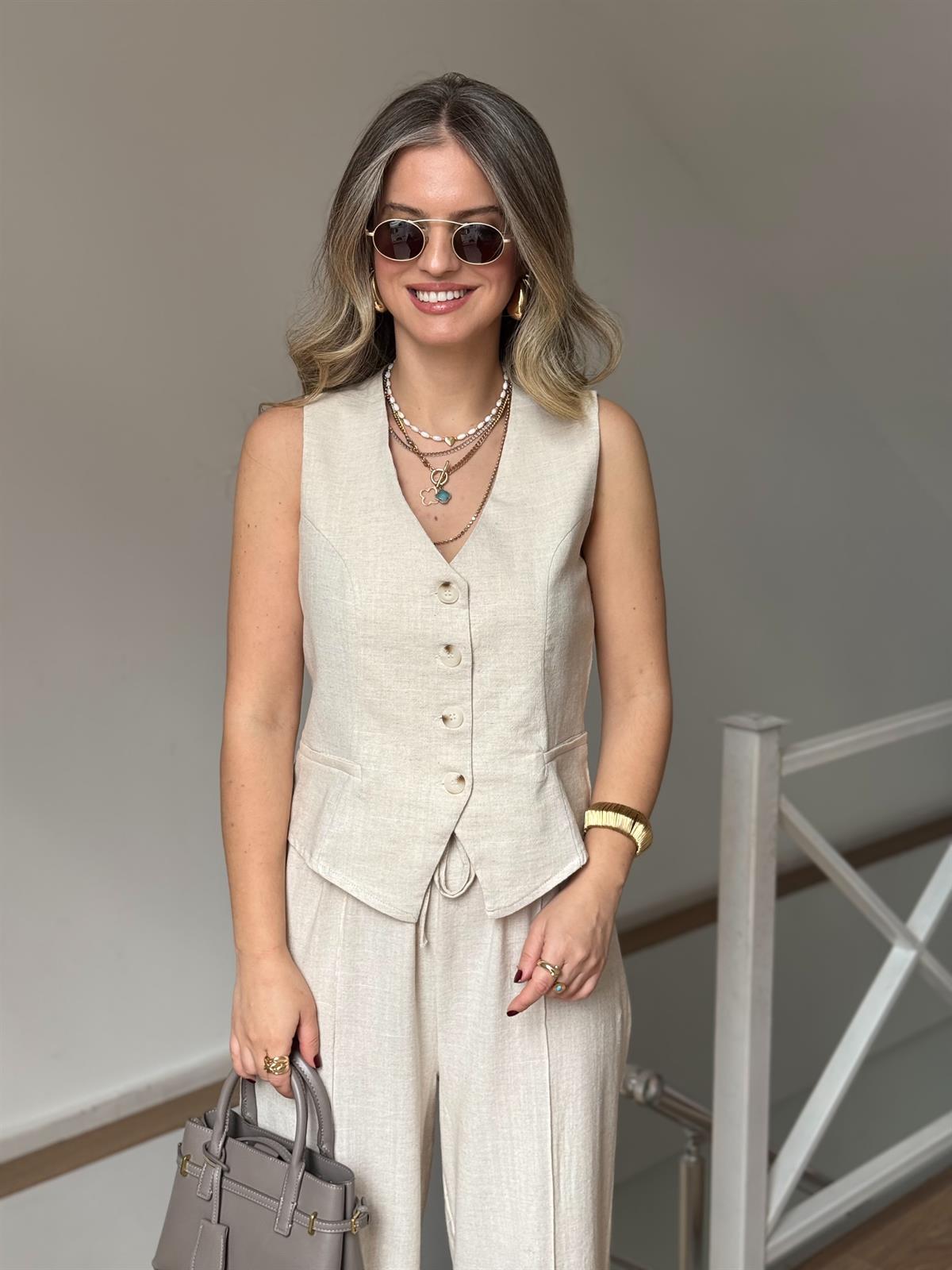 %100 Keten Yelekli Takım - Natürel