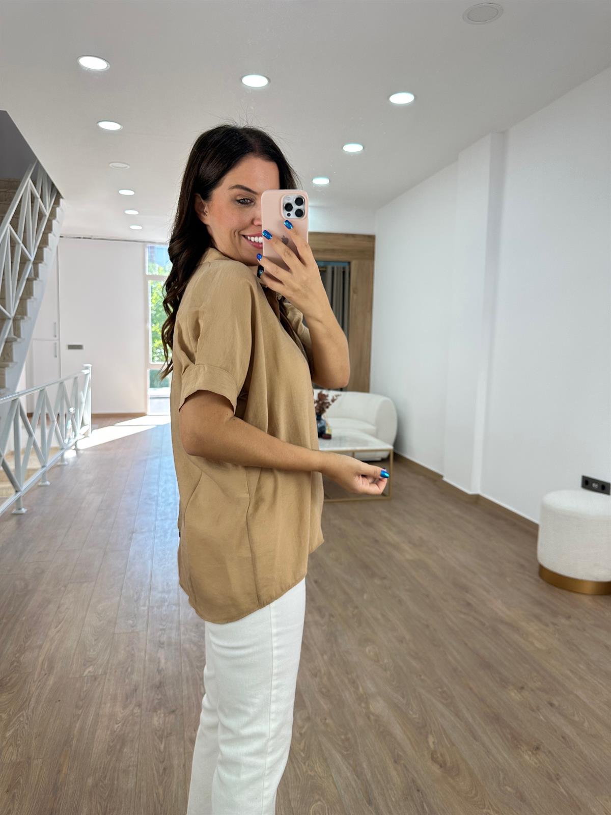 %100 Modal Arkası Düğmeli Gömlek-Bej