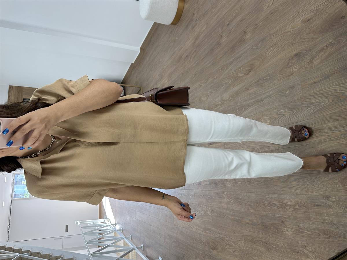 %100 Modal Arkası Düğmeli Gömlek-Bej