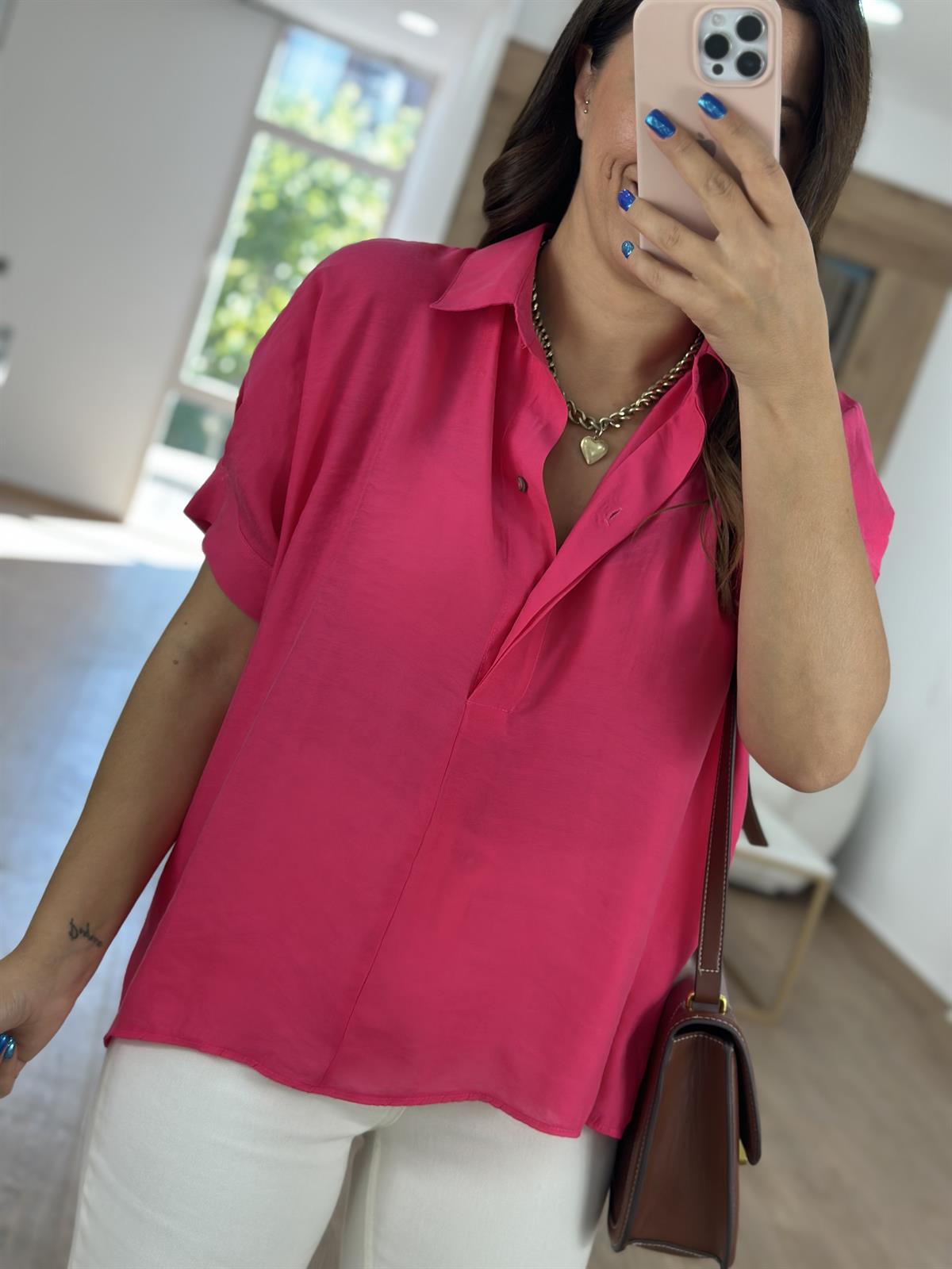 %100 Modal Arkası Düğmeli Gömlek-Fuşya