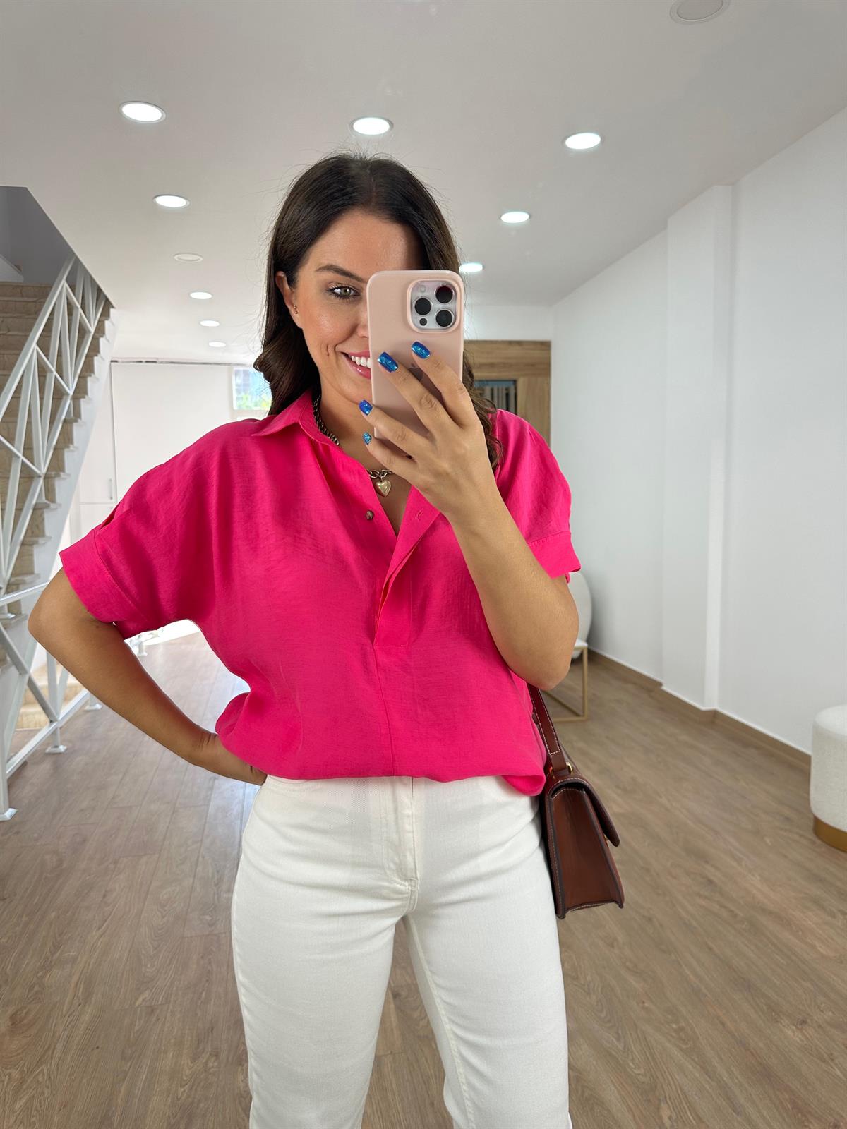 %100 Modal Arkası Düğmeli Gömlek-Fuşya