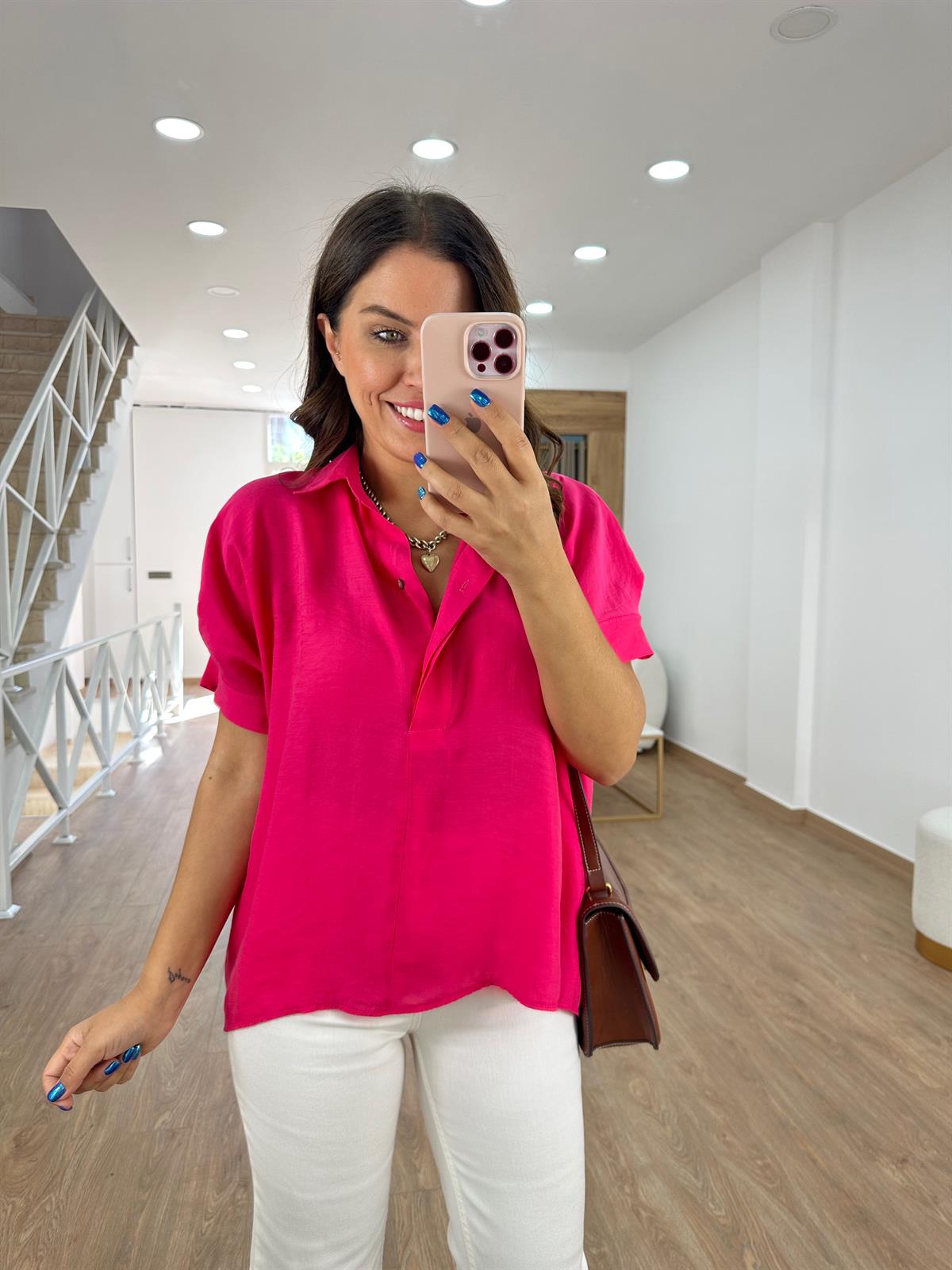 %100 Modal Arkası Düğmeli Gömlek-Fuşya