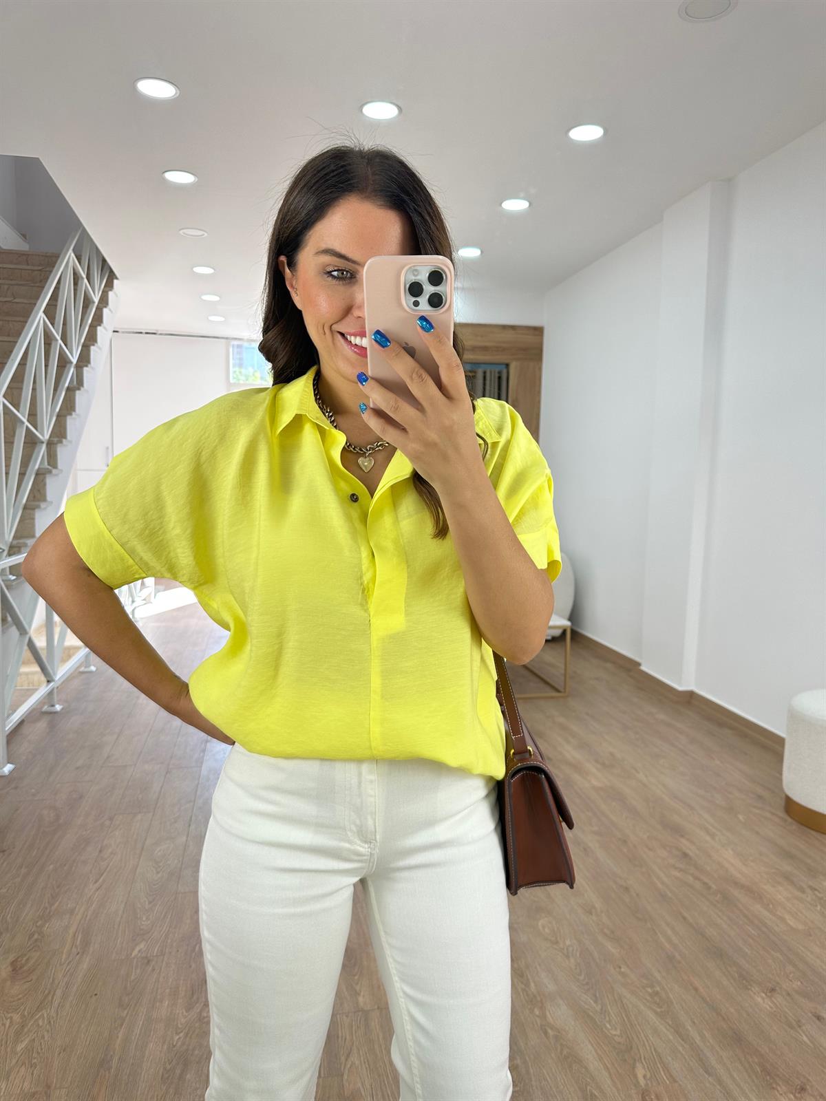 %100 Modal Arkası Düğmeli Gömlek - Sarı