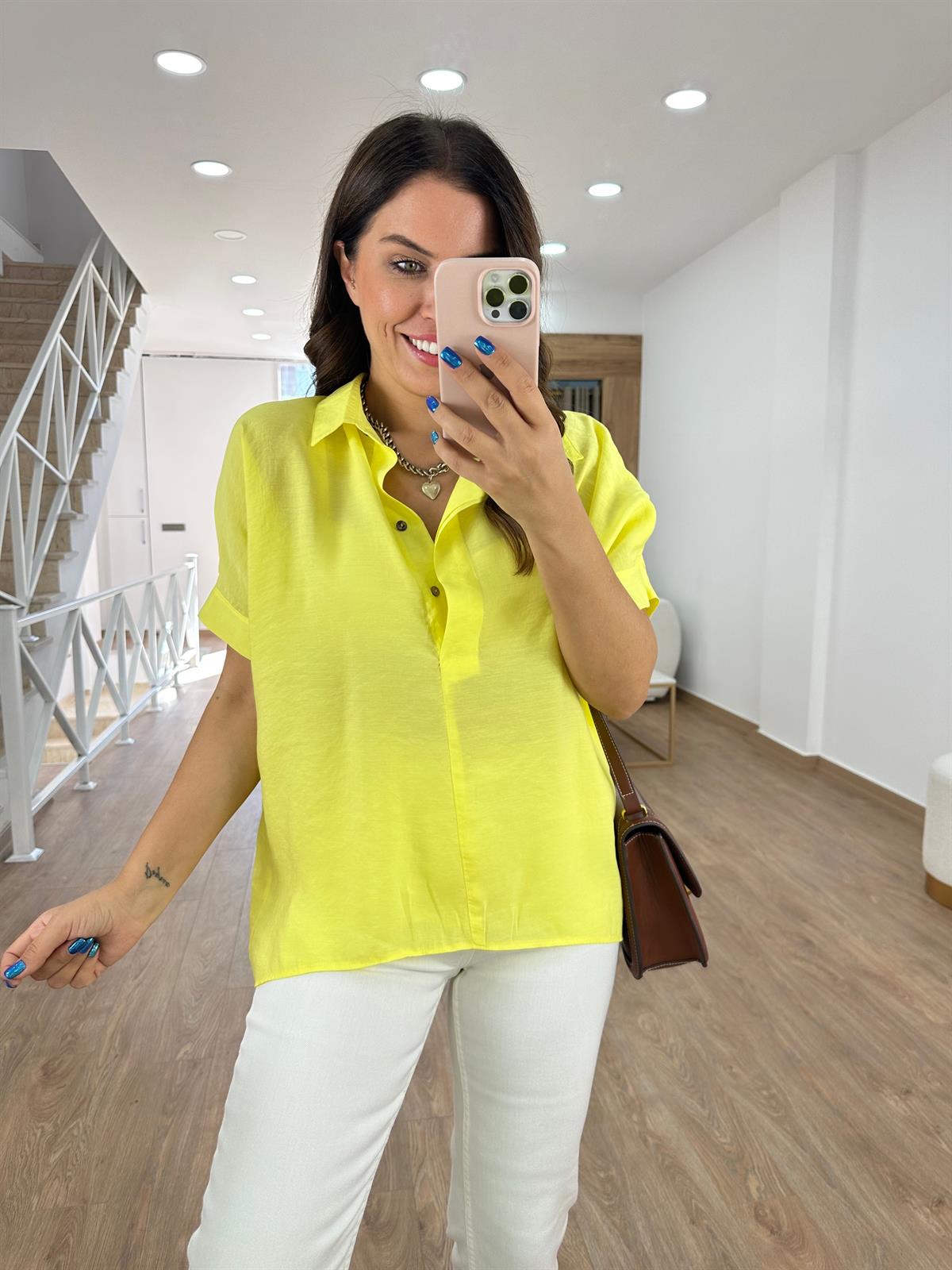 %100 Modal Arkası Düğmeli Gömlek - Sarı