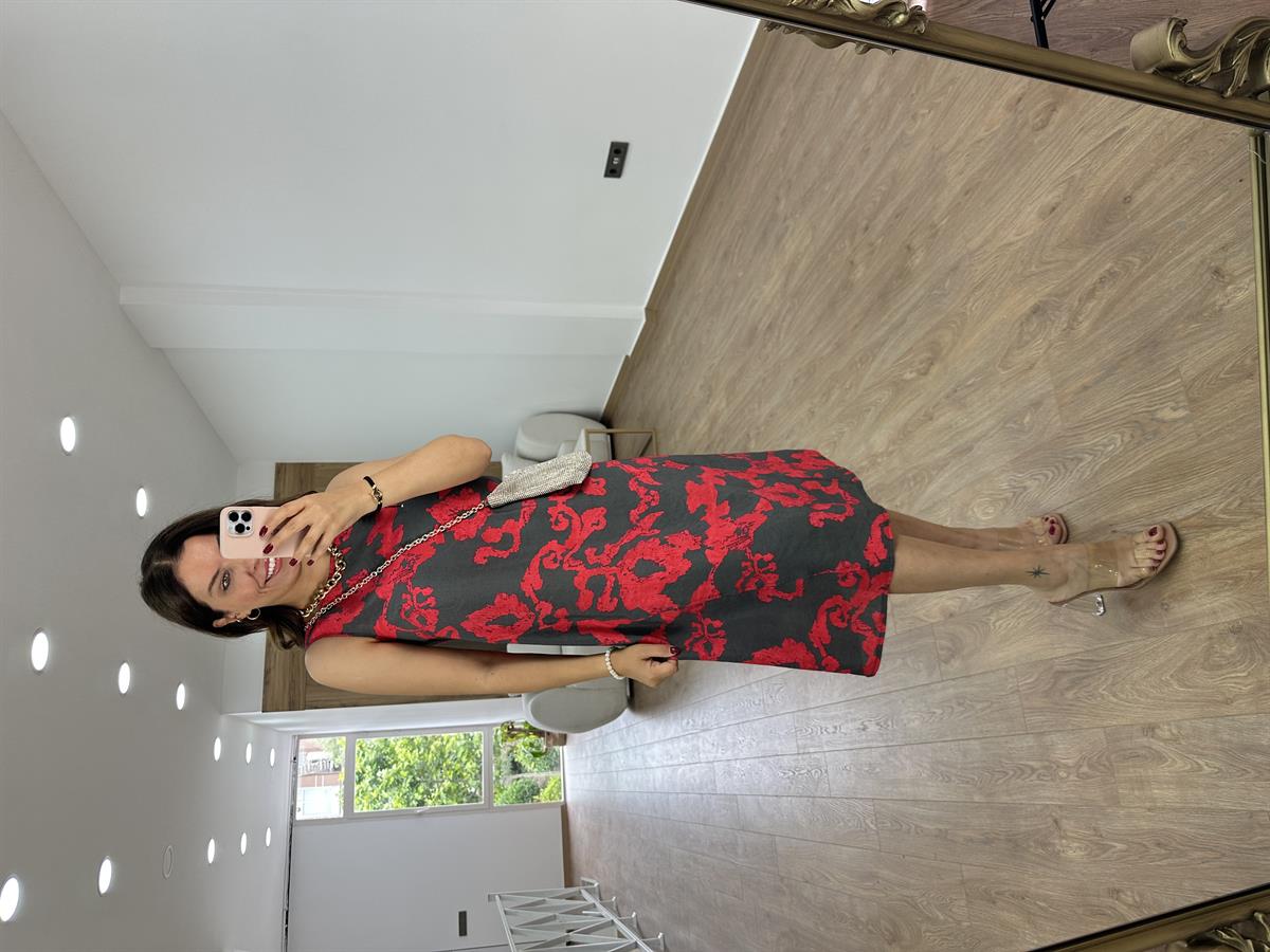 %100 Modal Kumaş Midi Boy Elbise-Kırmızı