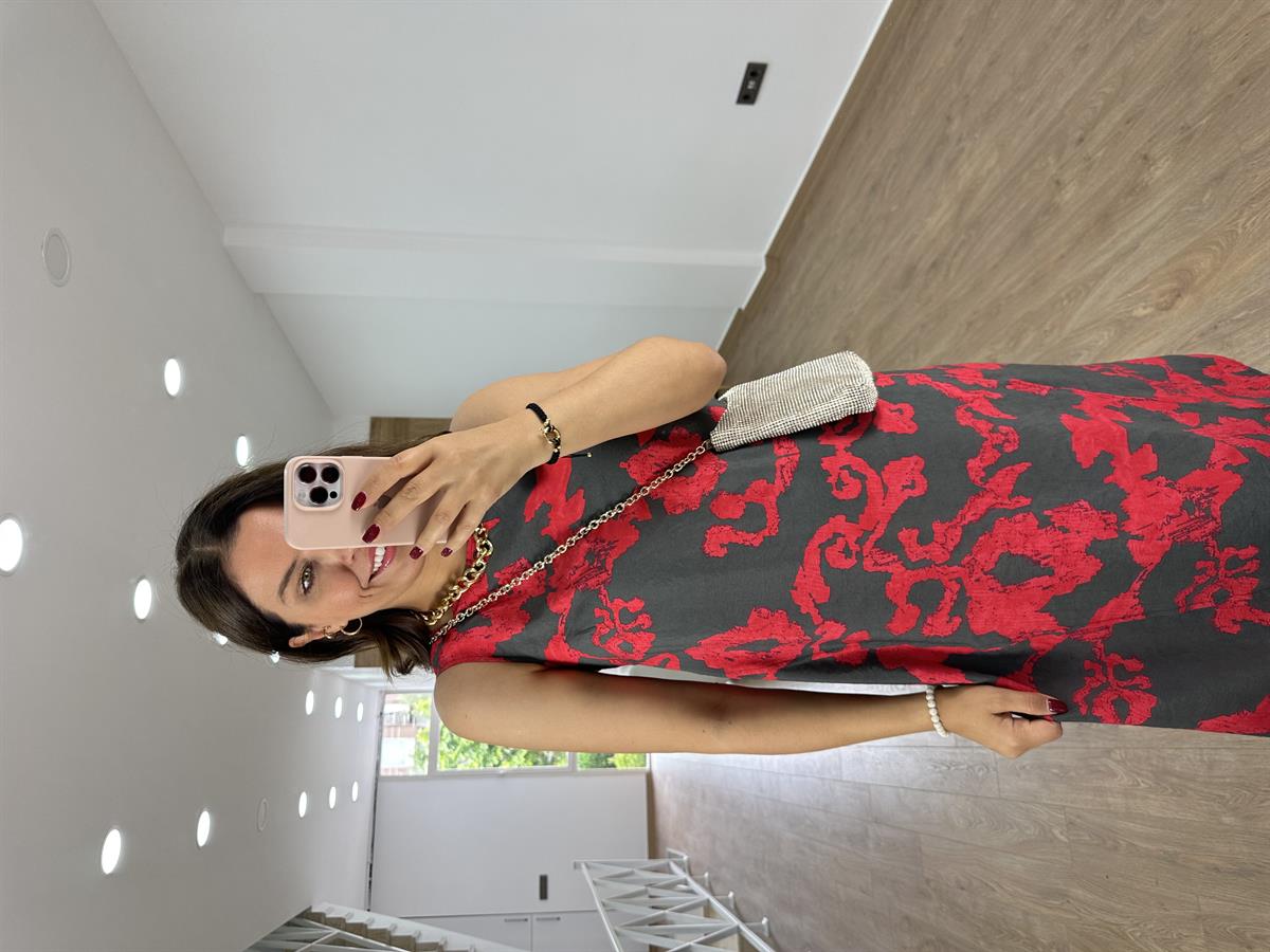 %100 Modal Kumaş Midi Boy Elbise-Kırmızı