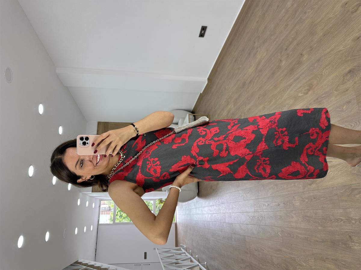 %100 Modal Kumaş Midi Boy Elbise-Kırmızı