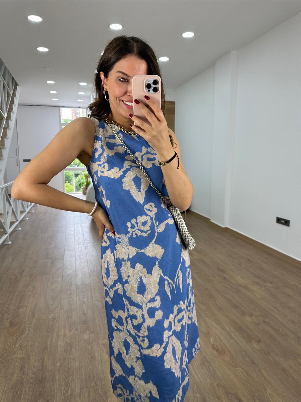 %100 Modal Kumaş Midi Boy Elbise-Mavi