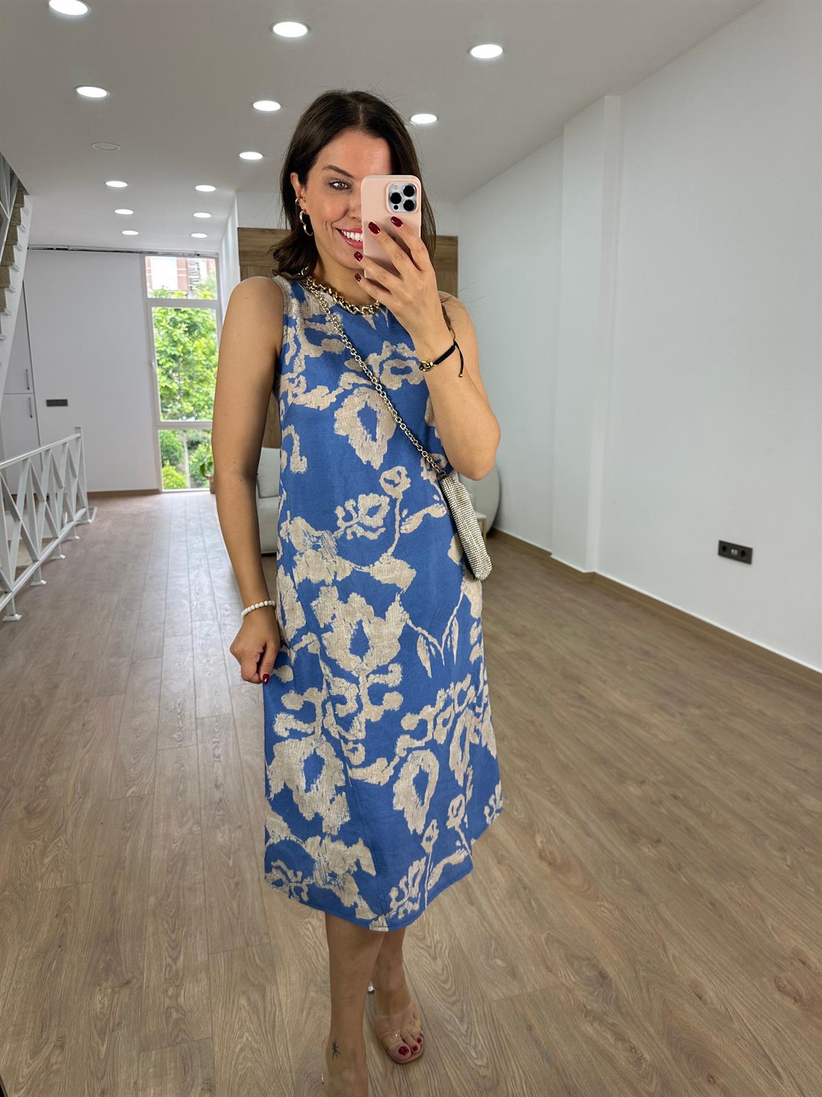 %100 Modal Kumaş Midi Boy Elbise-Mavi