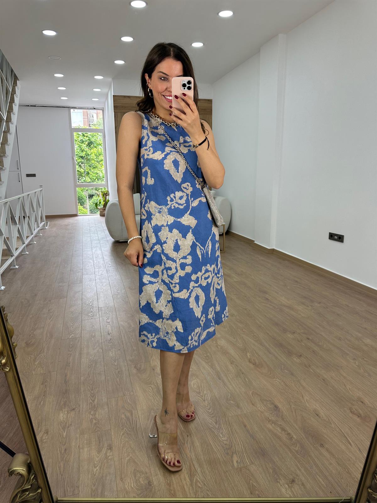 %100 Modal Kumaş Midi Boy Elbise-Mavi