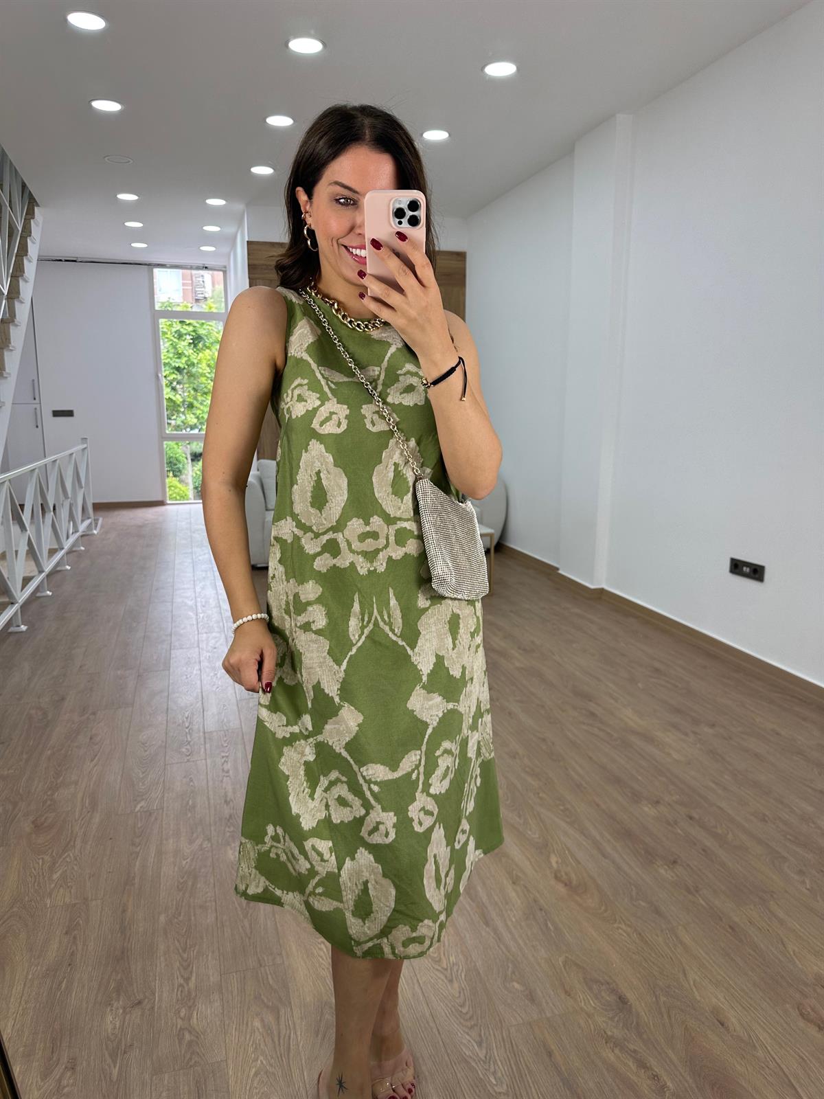 %100 Modal Kumaş Midi Boy Elbise-Yeşil