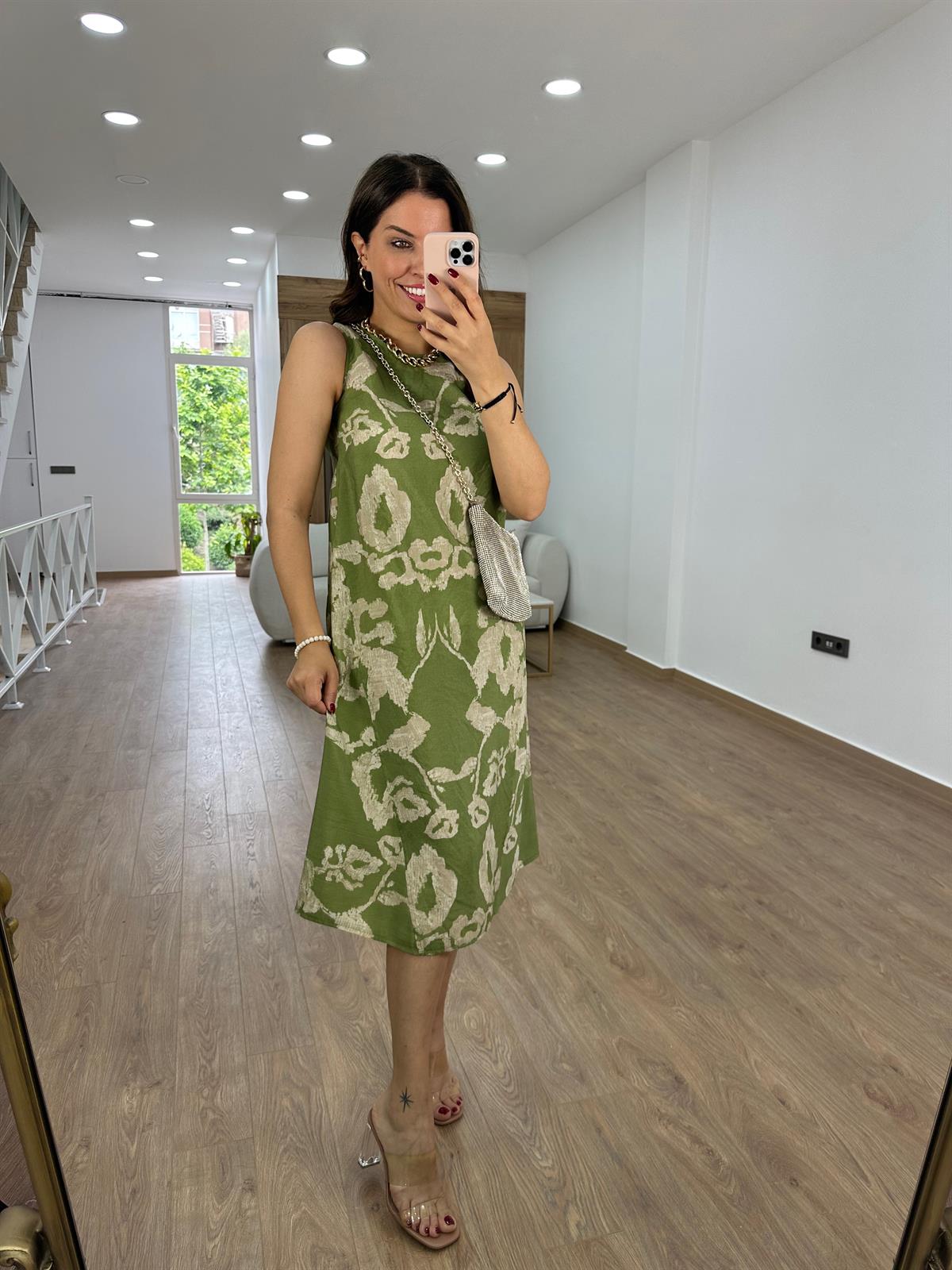 %100 Modal Kumaş Midi Boy Elbise-Yeşil