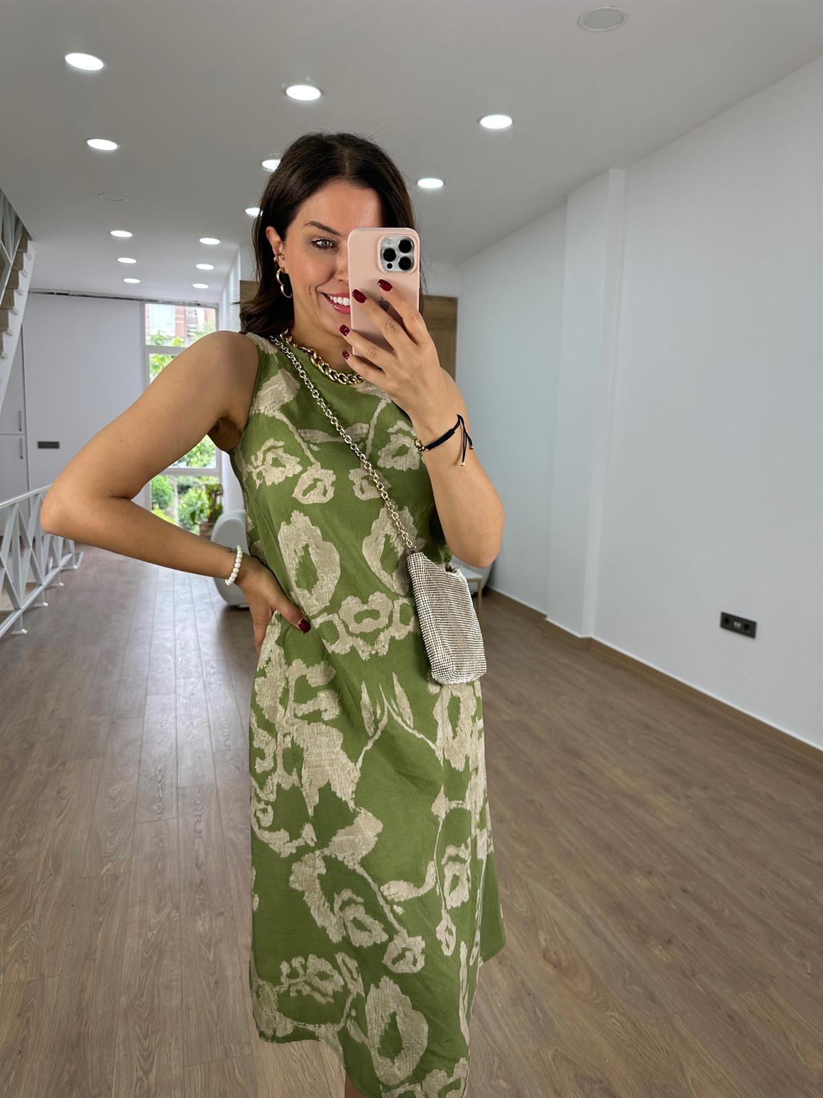 %100 Modal Kumaş Midi Boy Elbise-Yeşil