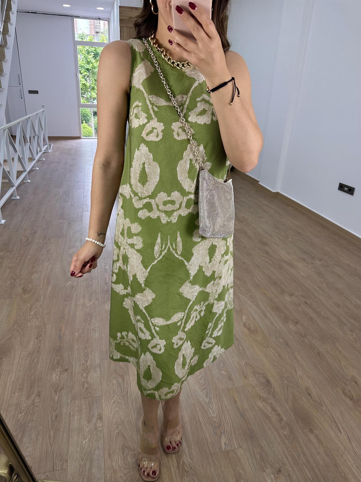 %100 Modal Kumaş Midi Boy Elbise-Yeşil