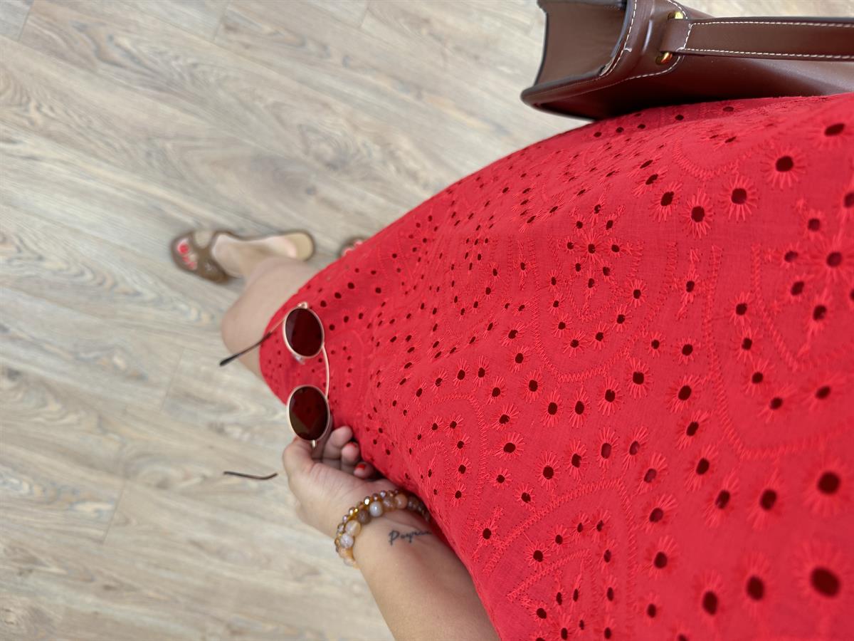 %100 Pamuk Astarlı Fisto Elbise-Kırmızı