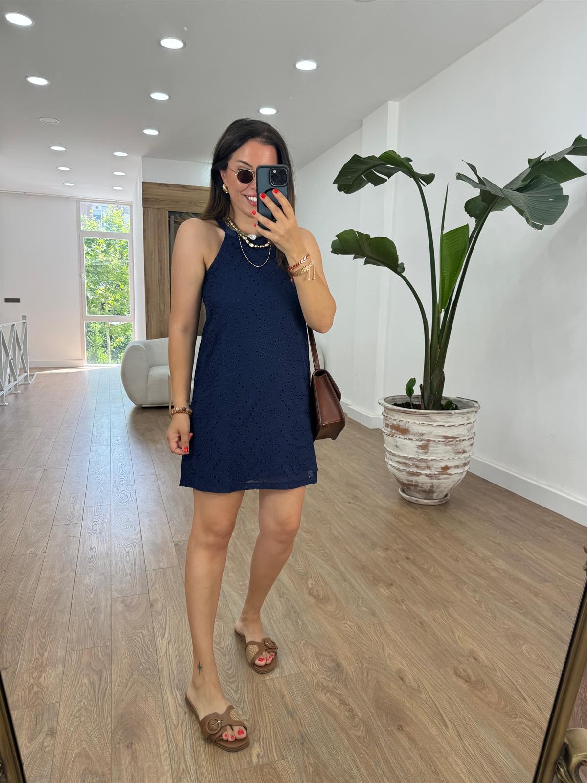 %100 Pamuk Astarlı Fisto Elbise-Lacivert