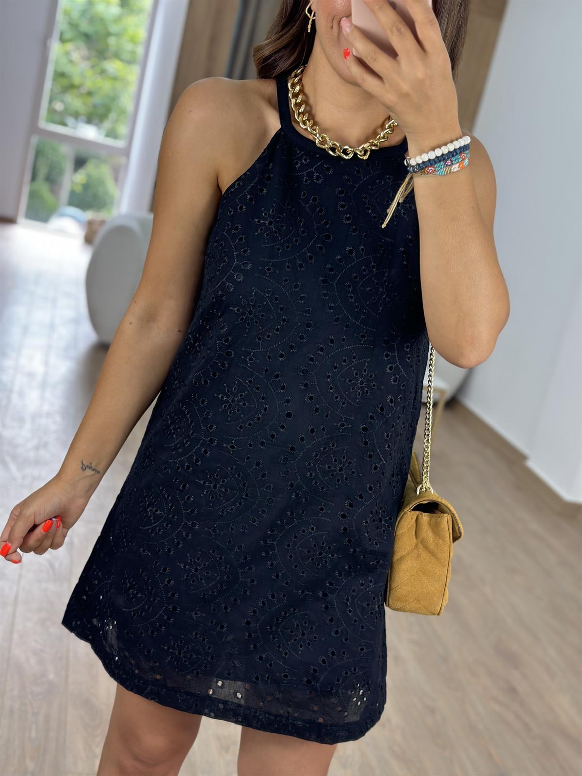 %100 Pamuk Astarlı Fisto Elbise-Siyah